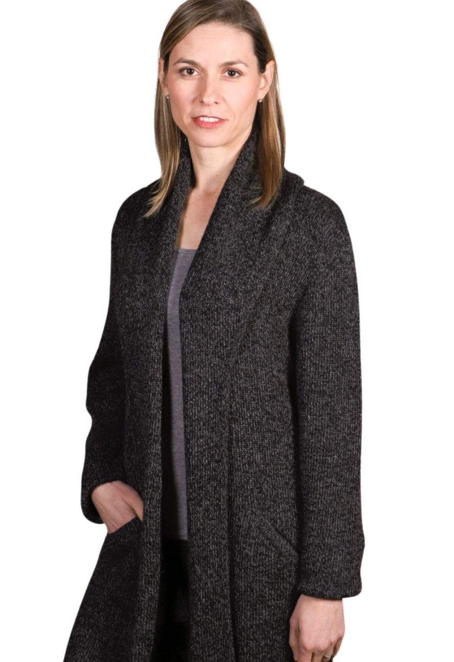 Woman wearing a charcoal alpaca long cardigan with pockets