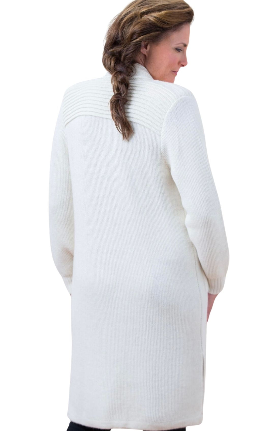 Ivory alpaca long sweater, back view on model