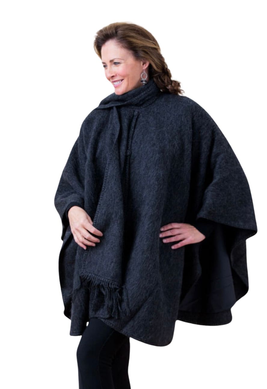 Charcoal alpaca cape with scarf, three-quarter view on model