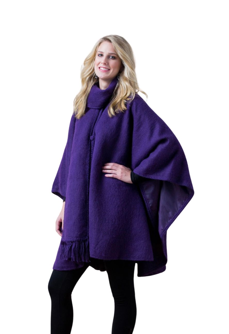 Purple alpaca cape with scarf, three-quarter view on model