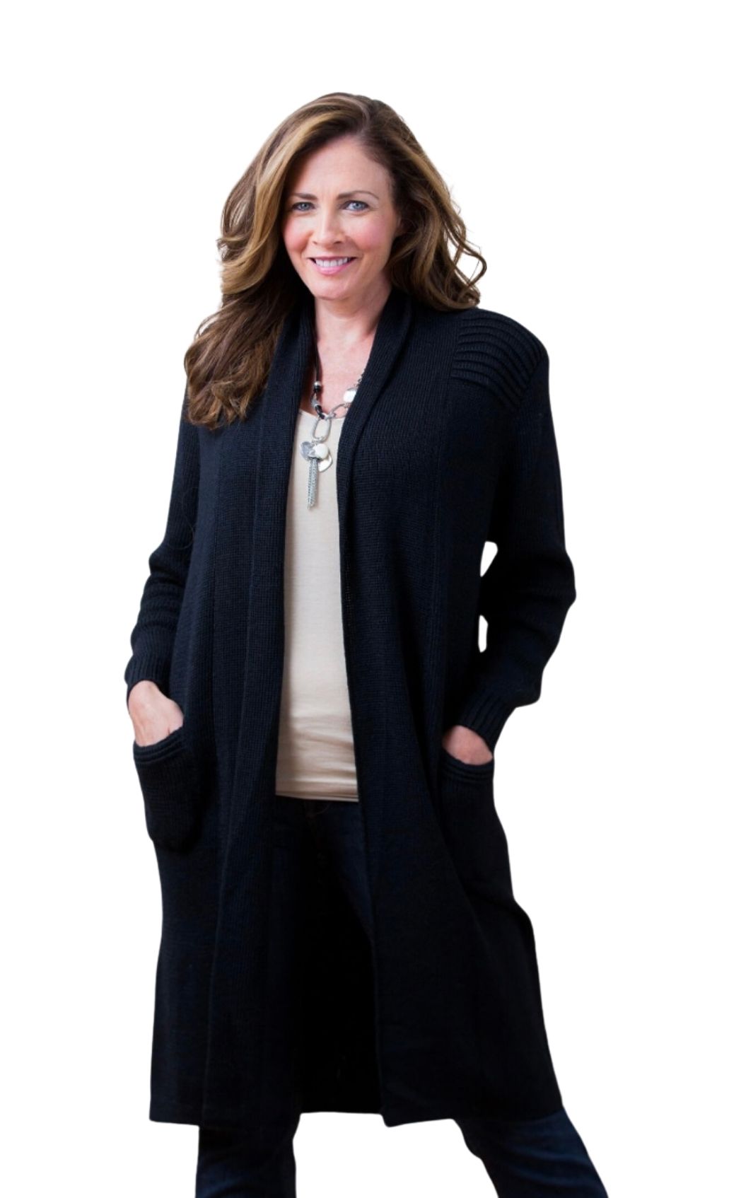 Black alpaca long open sweater, three-quarter view on model