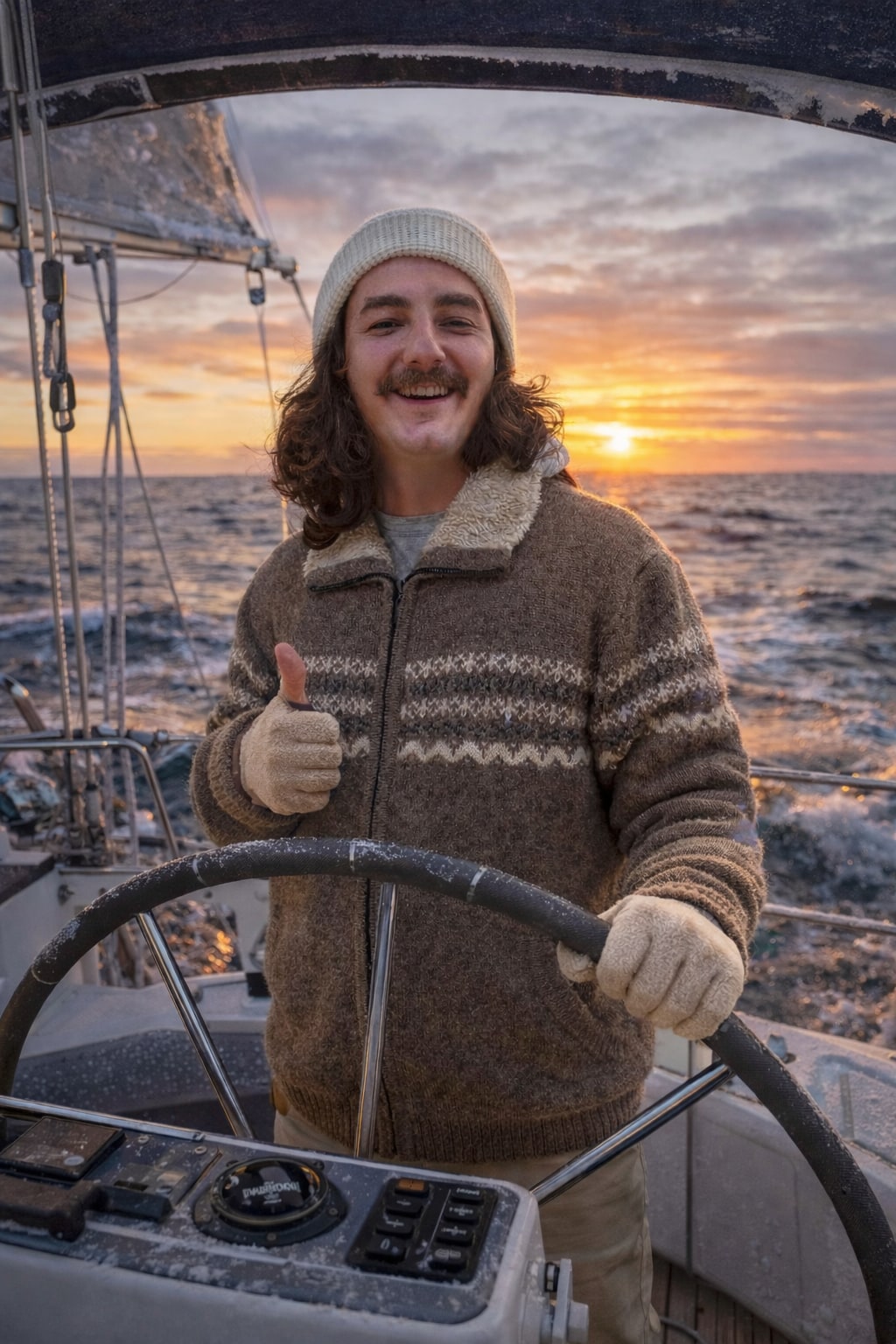 Man wearing a brown fleece-lined alpaca zip sweater at a boat's wheel
