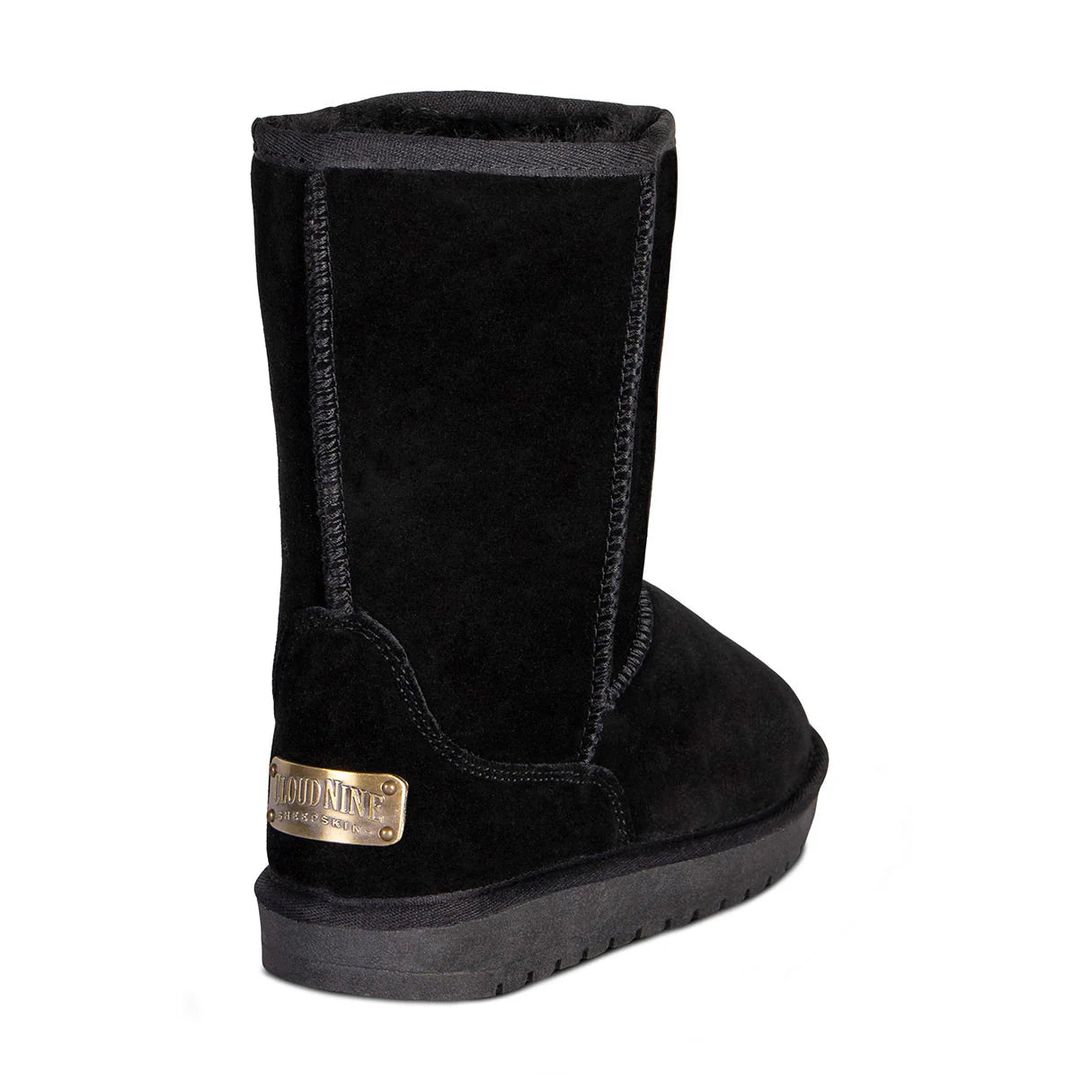 Women's black 9 inch sheepskin boot, rear three-quarter view