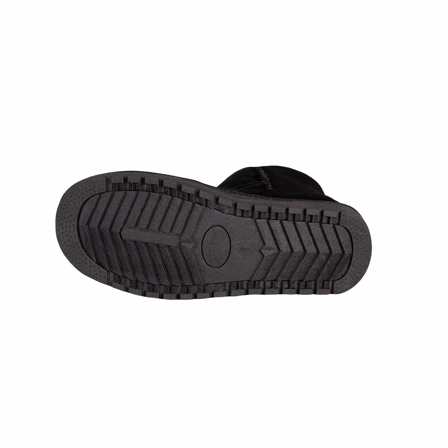Women's black 9 inch sheepskin boot, sole tread view