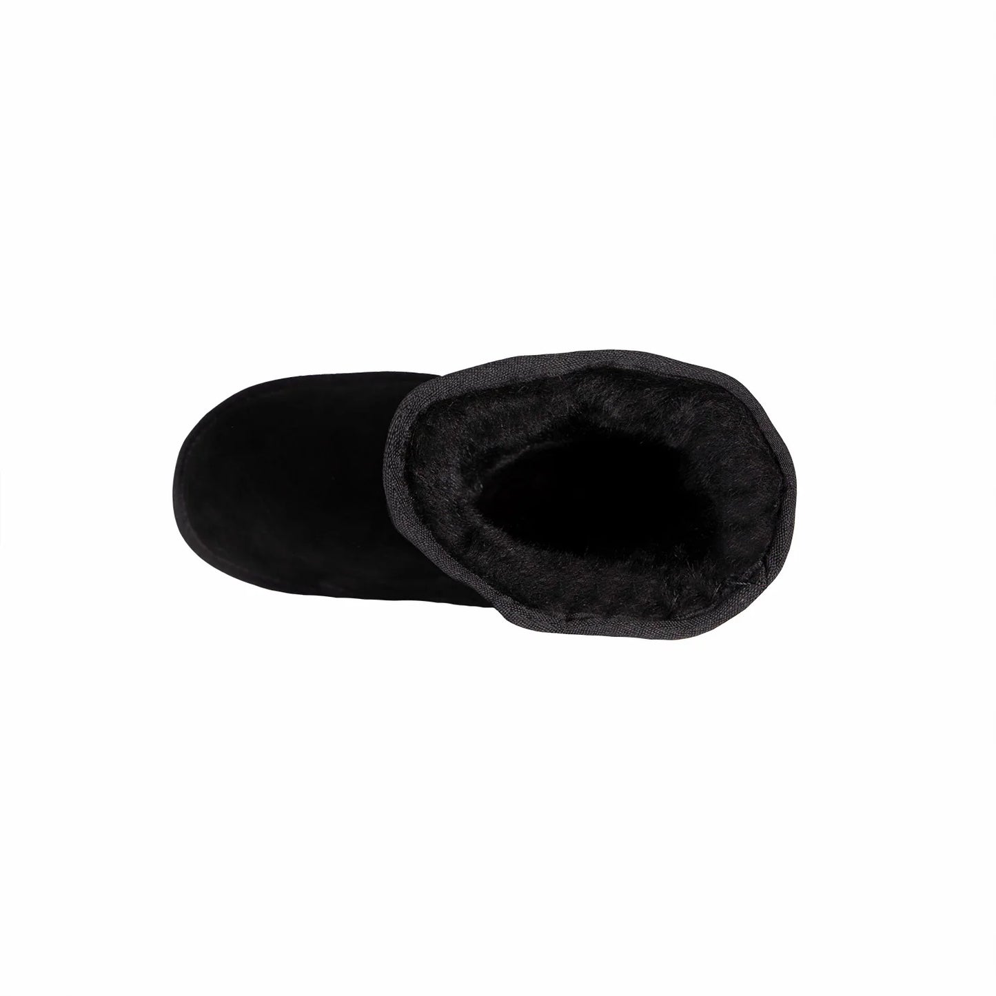 Women's black 9 inch sheepskin boot showing fleece lining, top view