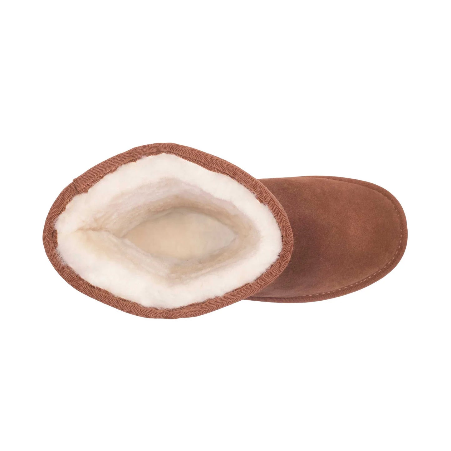 Women's chestnut 9 inch sheepskin boot showing fleece lining, top view
