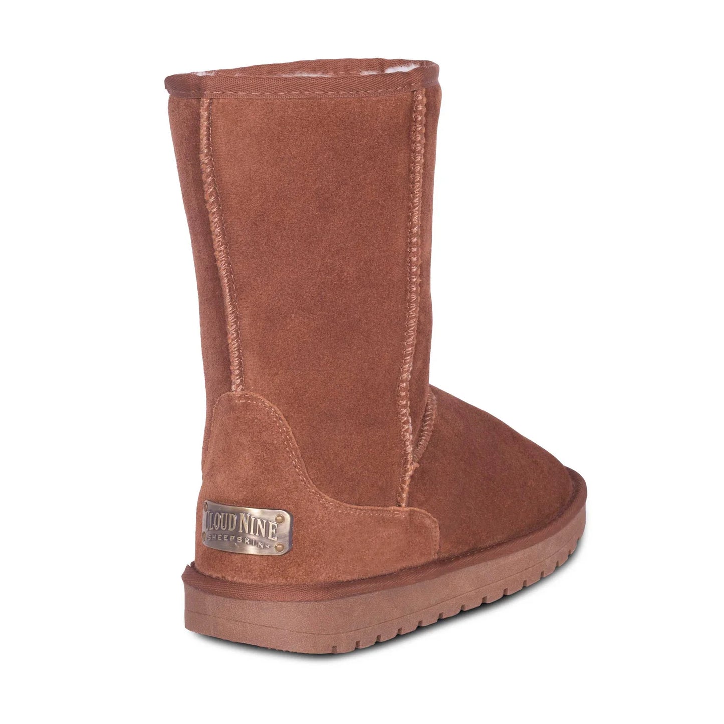 Women's chestnut 9 inch sheepskin boot, back view