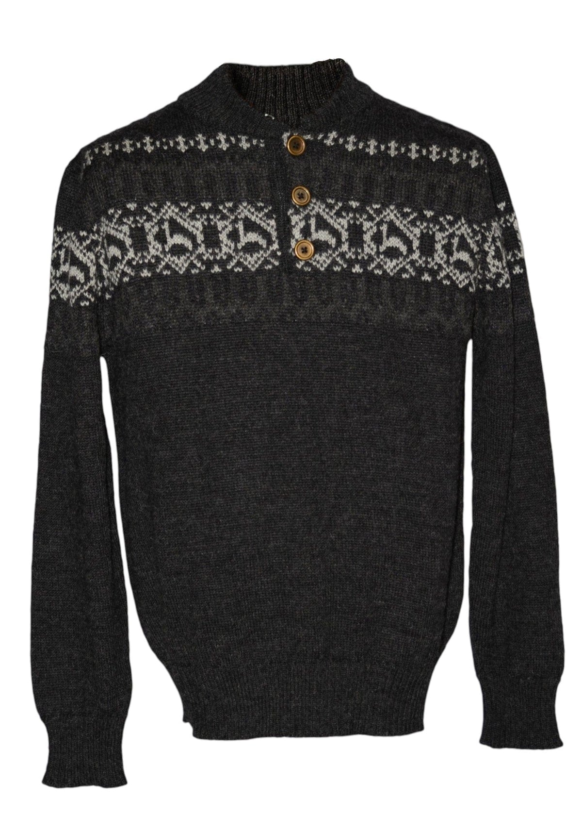 Men's charcoal alpaca sweater with alpaca print yoke and button collar