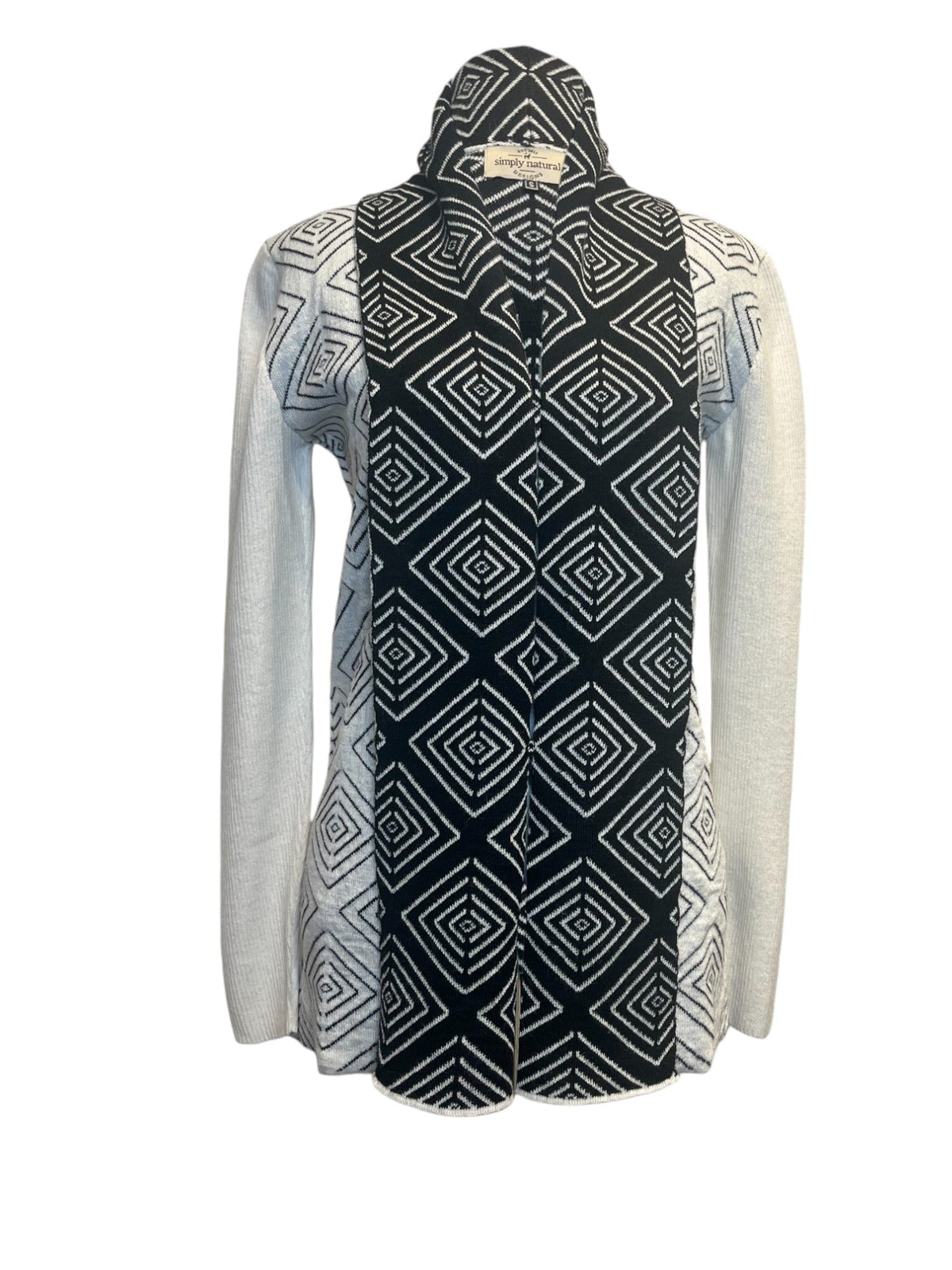 Black and white diamond-pattern alpaca cardigan, front view