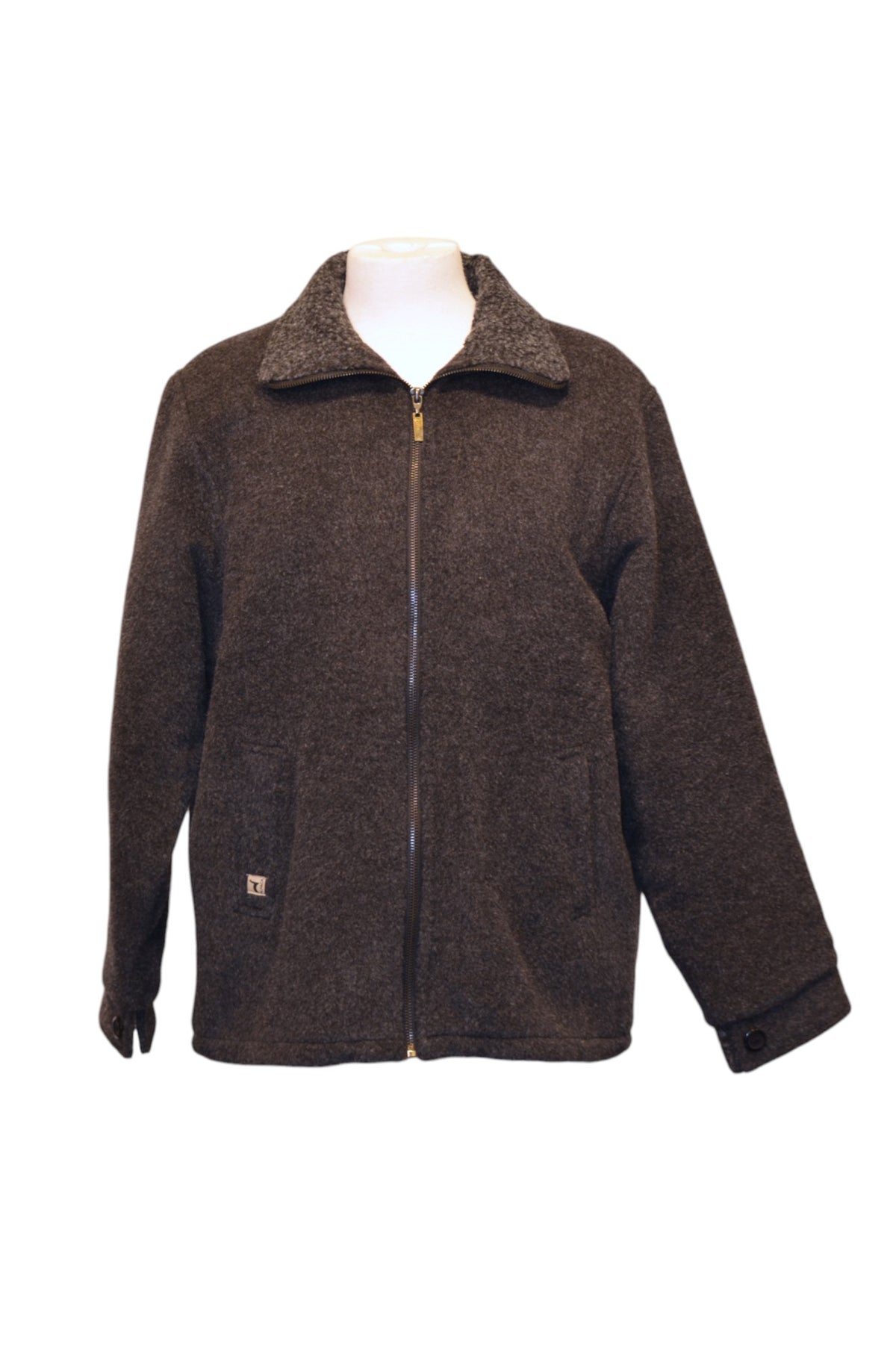 Charcoal brown alpaca barn coat with zip front, front view