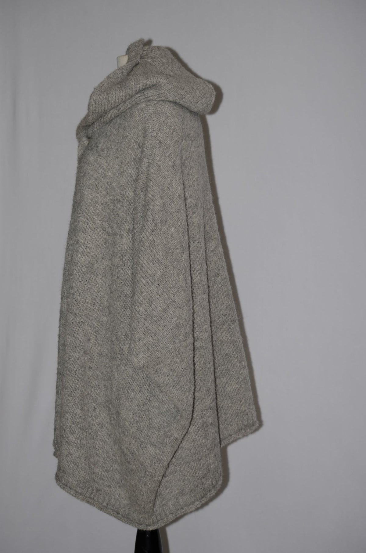 Gray baby alpaca hooded poncho, side view