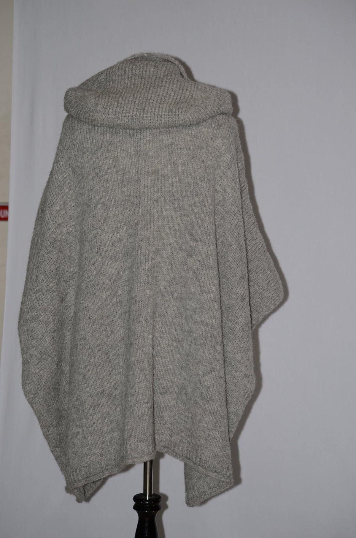 Gray baby alpaca hooded poncho, back view