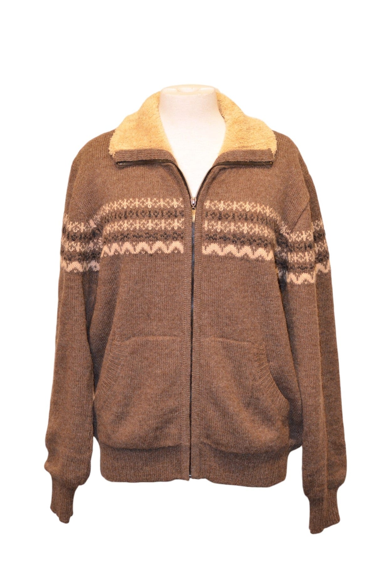 Brown fleece-lined alpaca zip sweater with patterned chest band, front