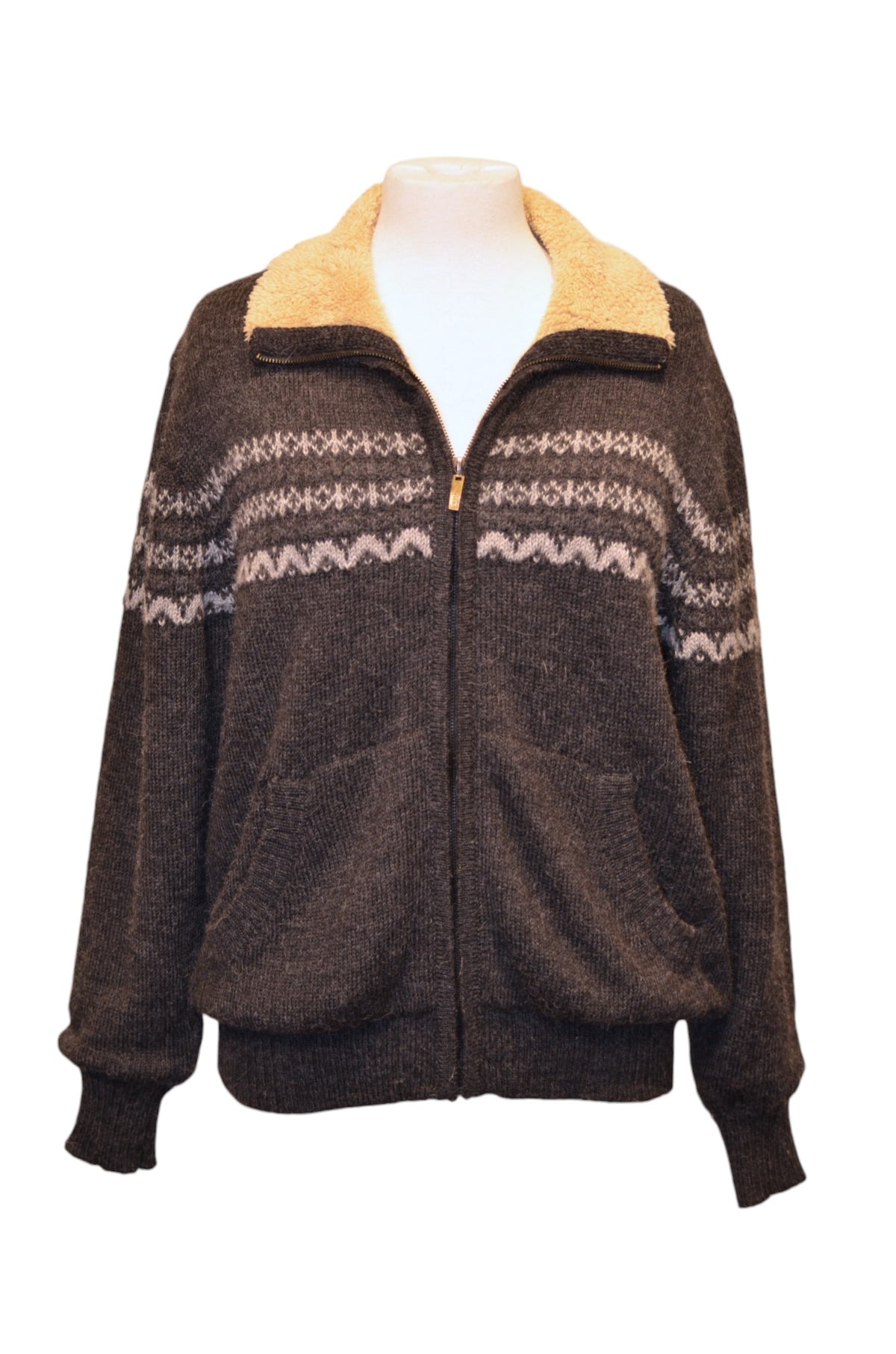 Charcoal fleece-lined alpaca zip sweater with cream pattern, front view