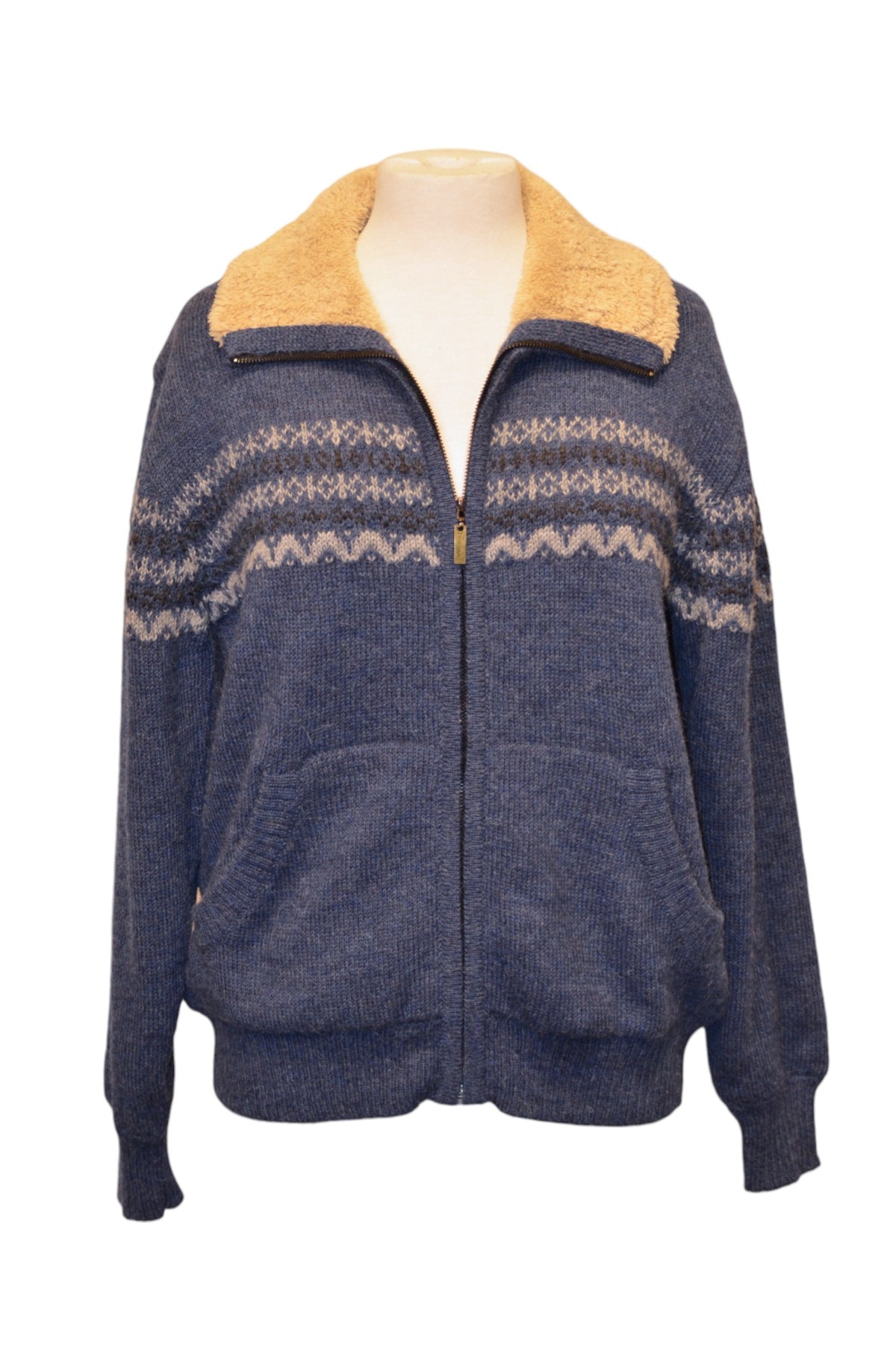 Navy blue fleece-lined alpaca zip sweater with fleece collar, front
