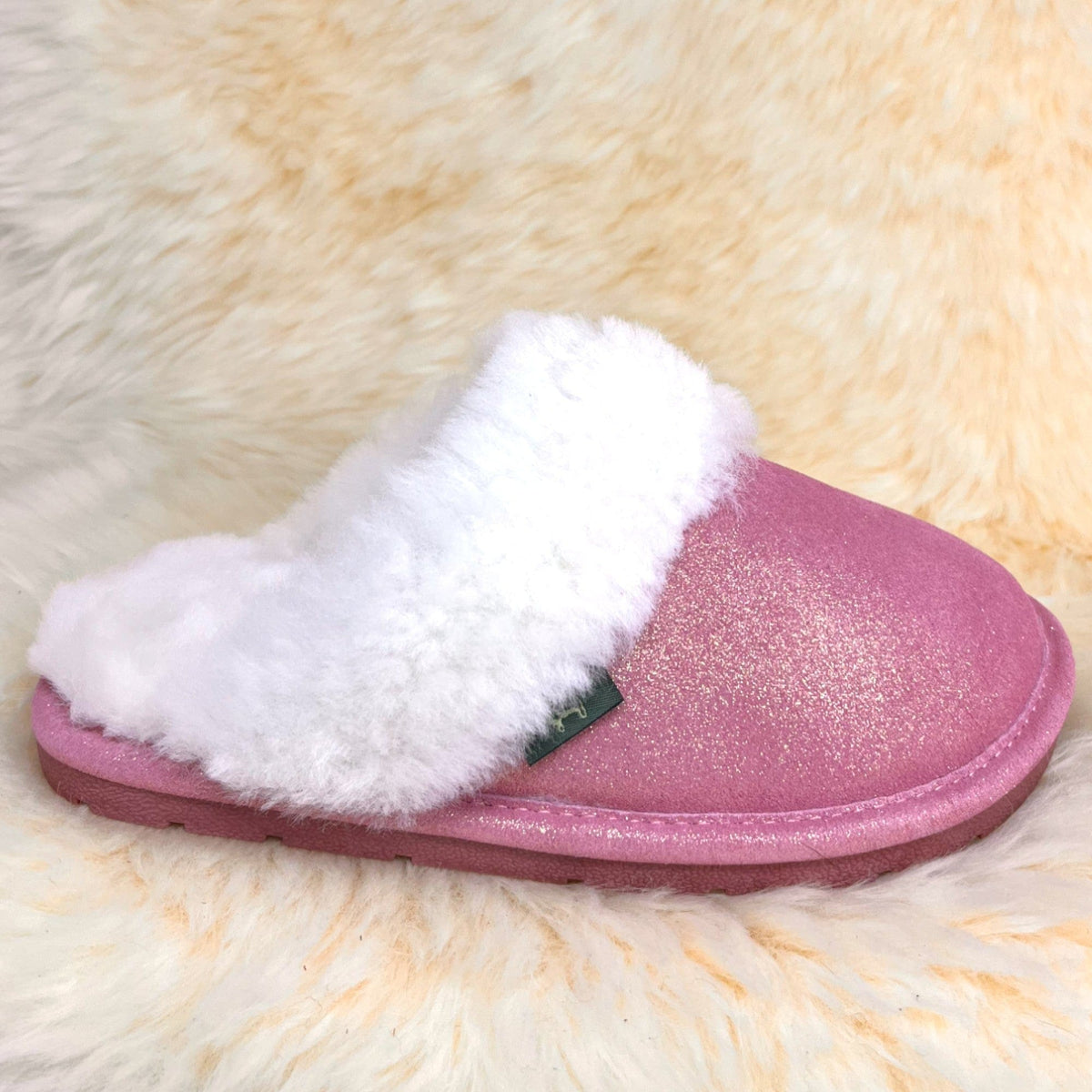 Rose gold shimmer suede sheepskin scuff slipper, inner side view