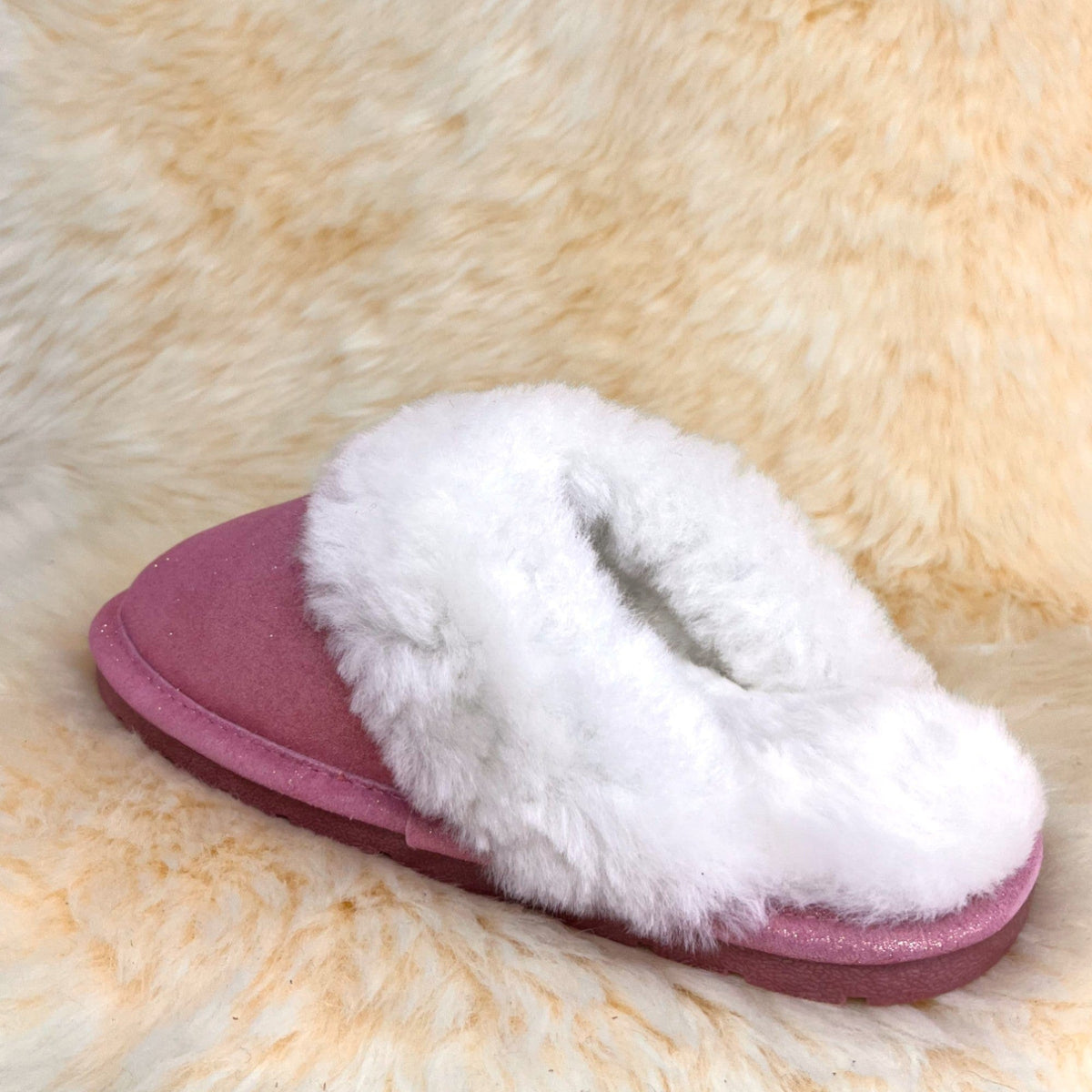 Rose gold sheepskin scuff slipper with fleece collar, rear angle