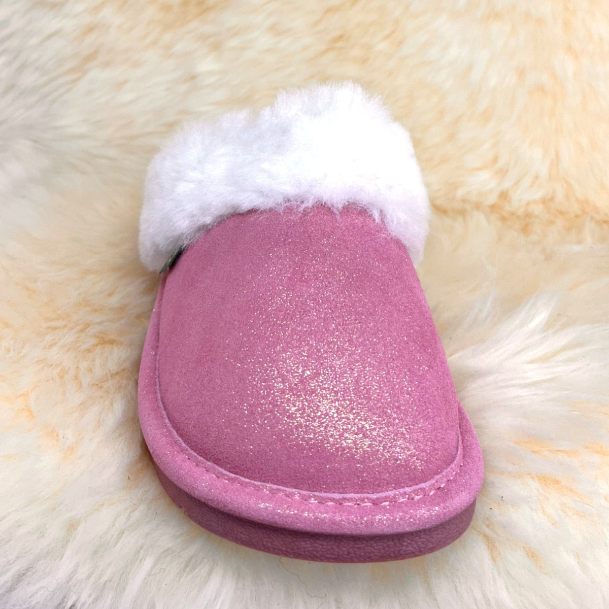 Rose gold sheepskin scuff slipper, front toe view