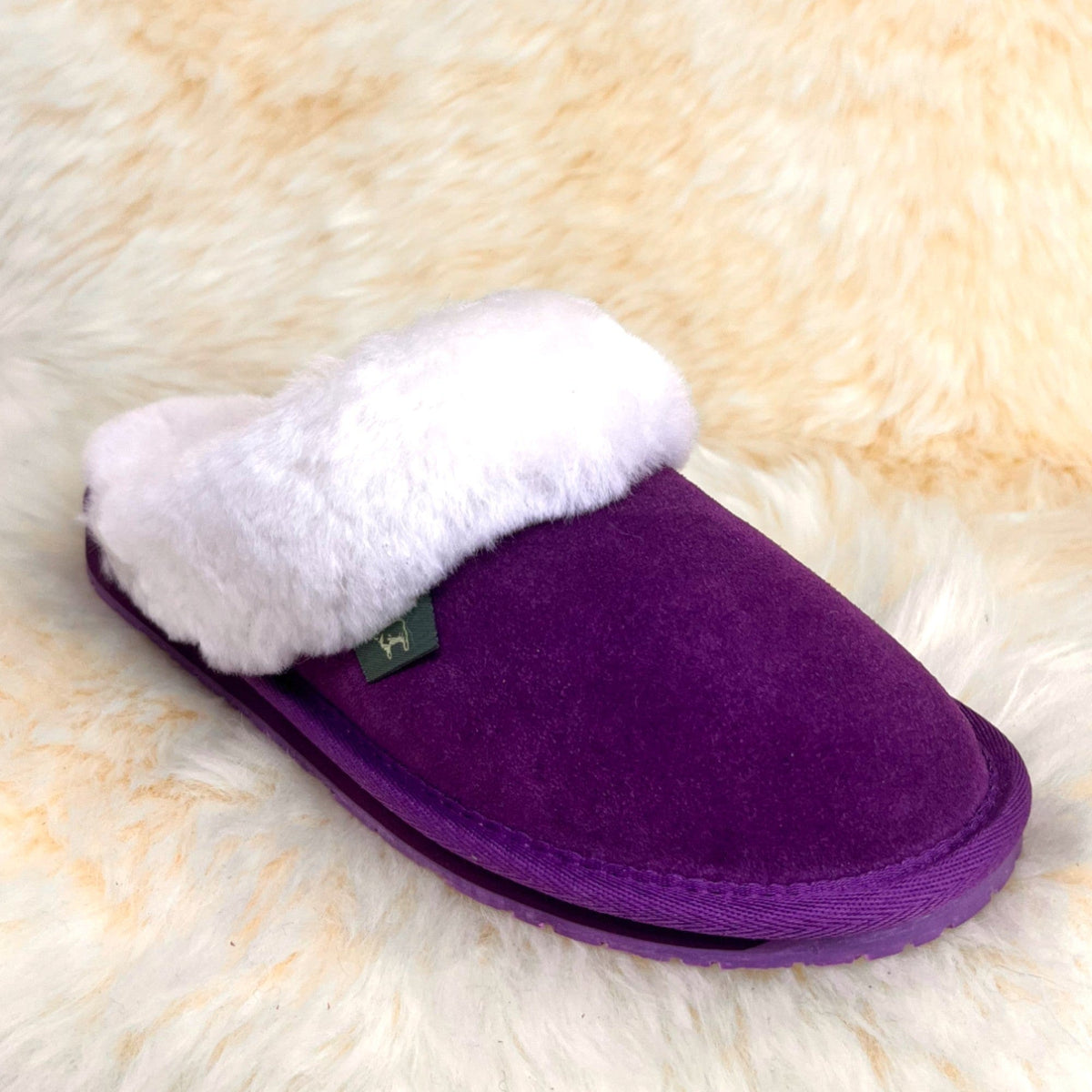 Women's purple sheepskin scuff slipper with white fleece collar, angled view
