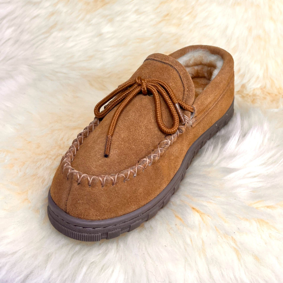 Women's sheepskin moccasin slipper — genuine sheepskin lining, suede upper