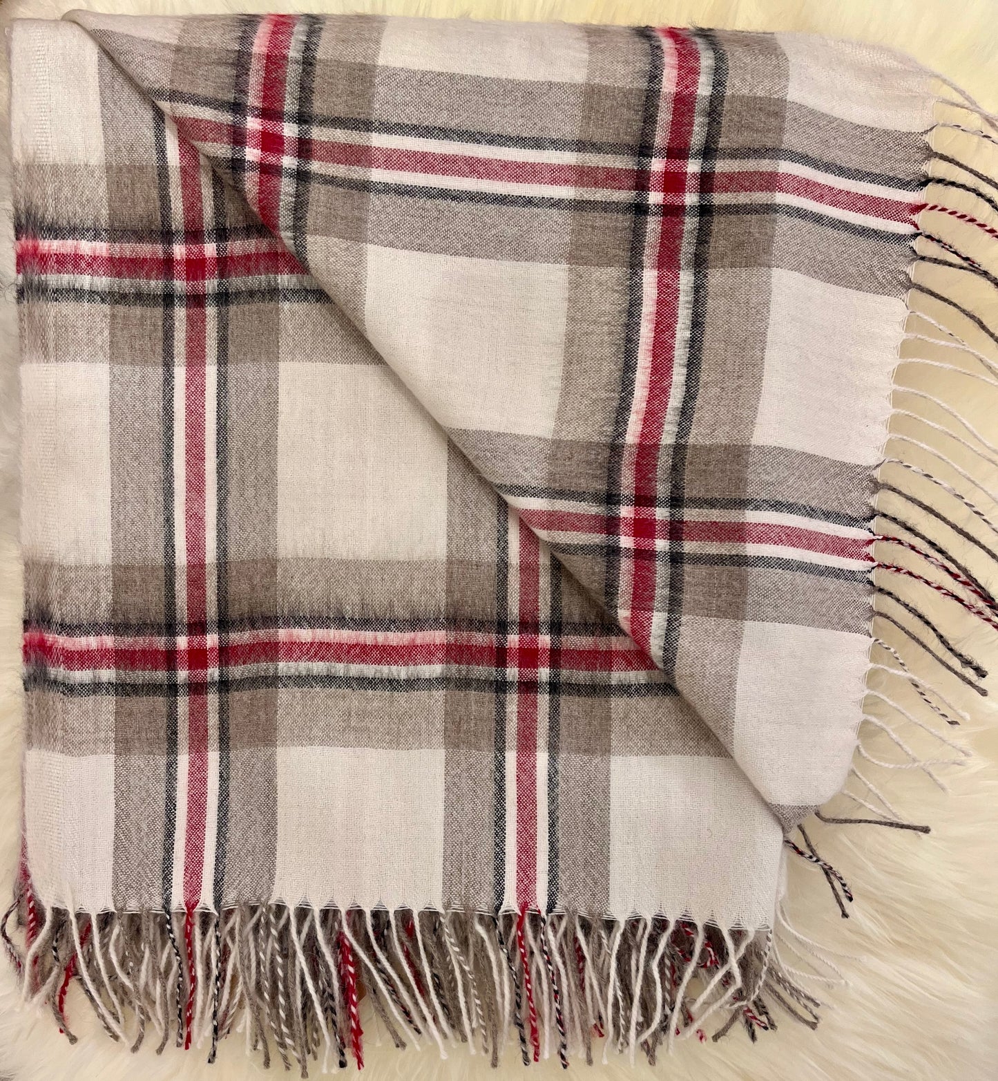 Ivory/Red Tartan Plaid Throw