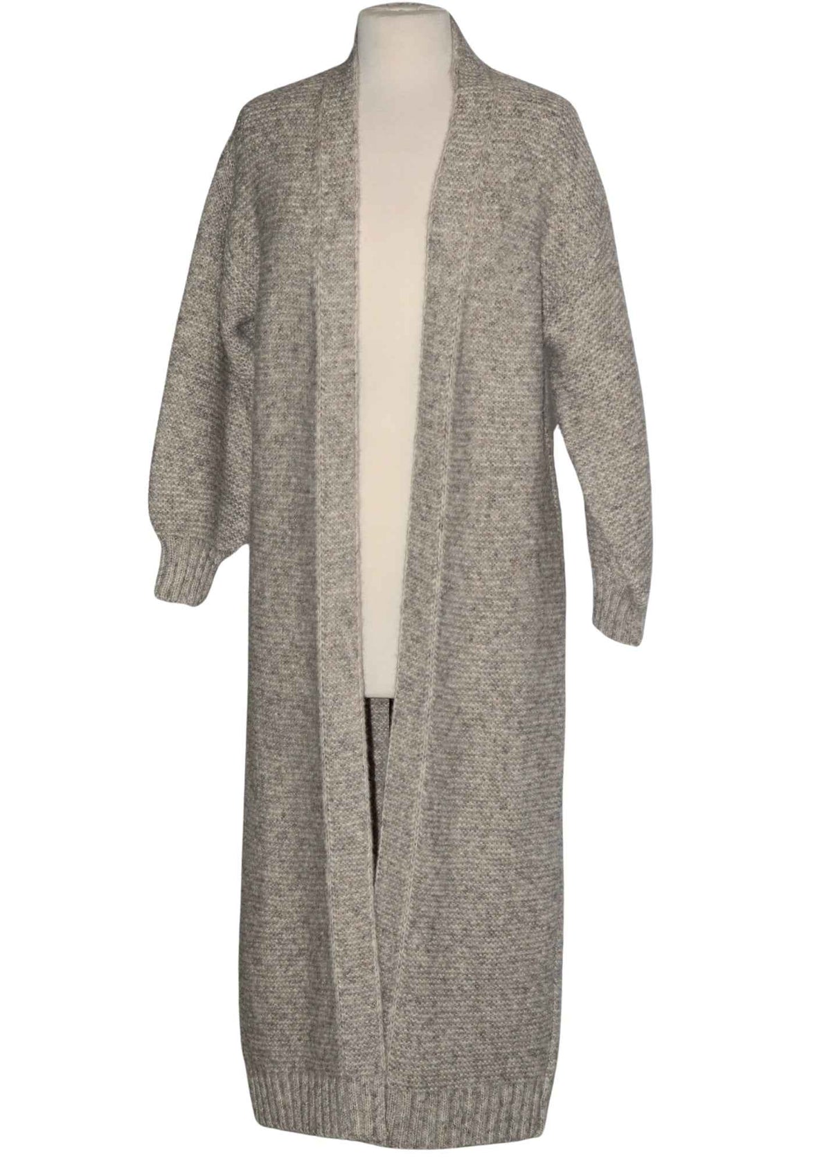 Gray alpaca long open sweater on a dress form, front view