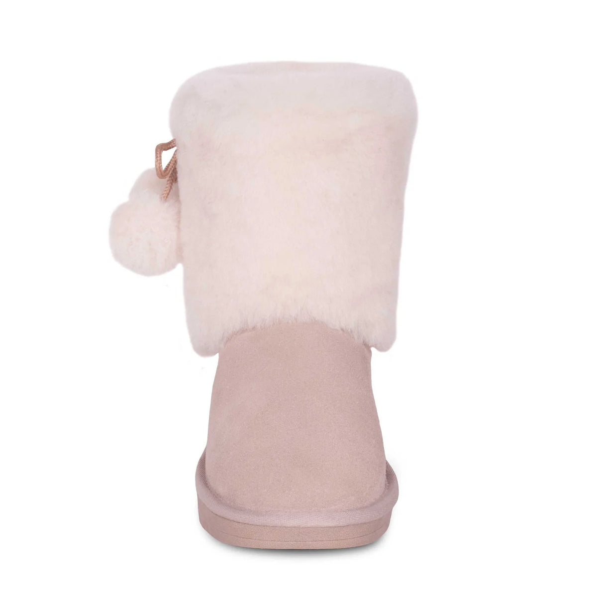Women's sand sheepskin boot with fleece cuff and pom-poms, front view