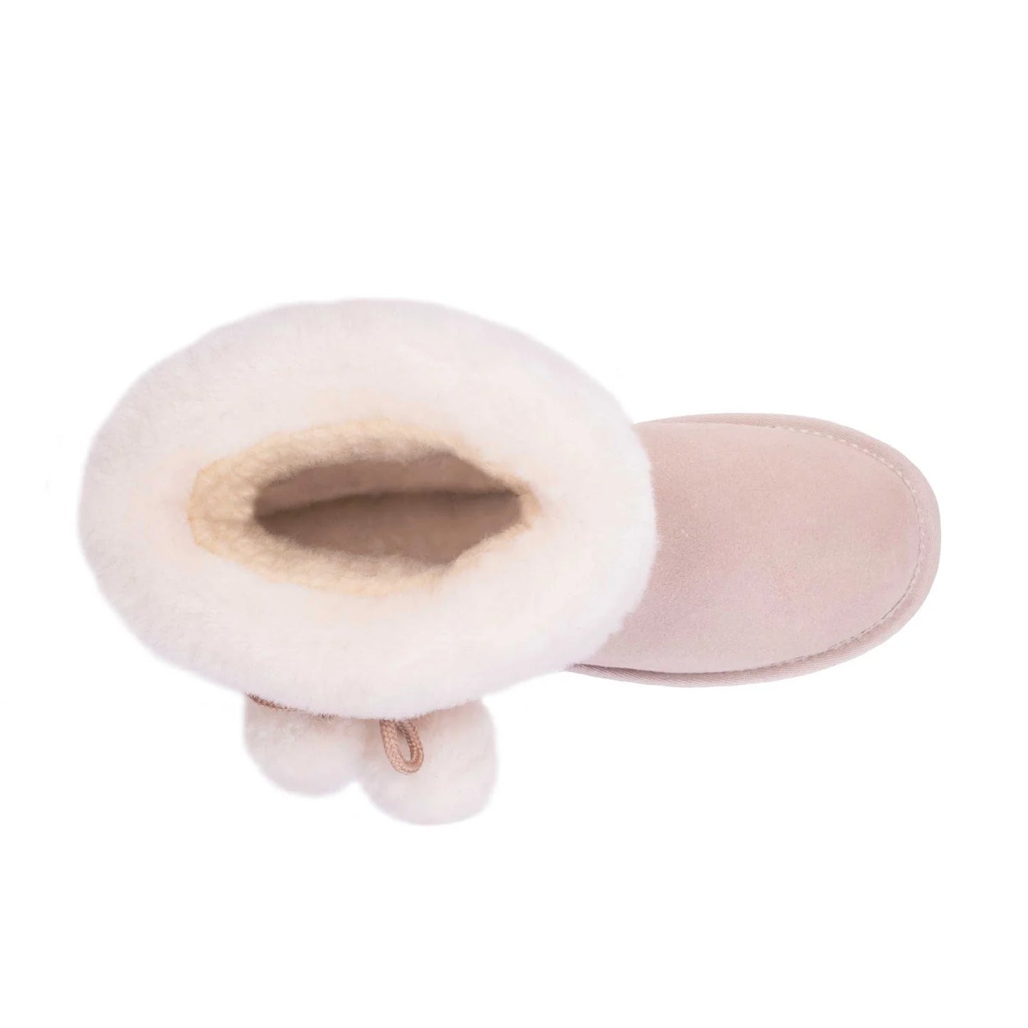 Women's sand sheepskin pom-pom boot showing fleece lining, top view