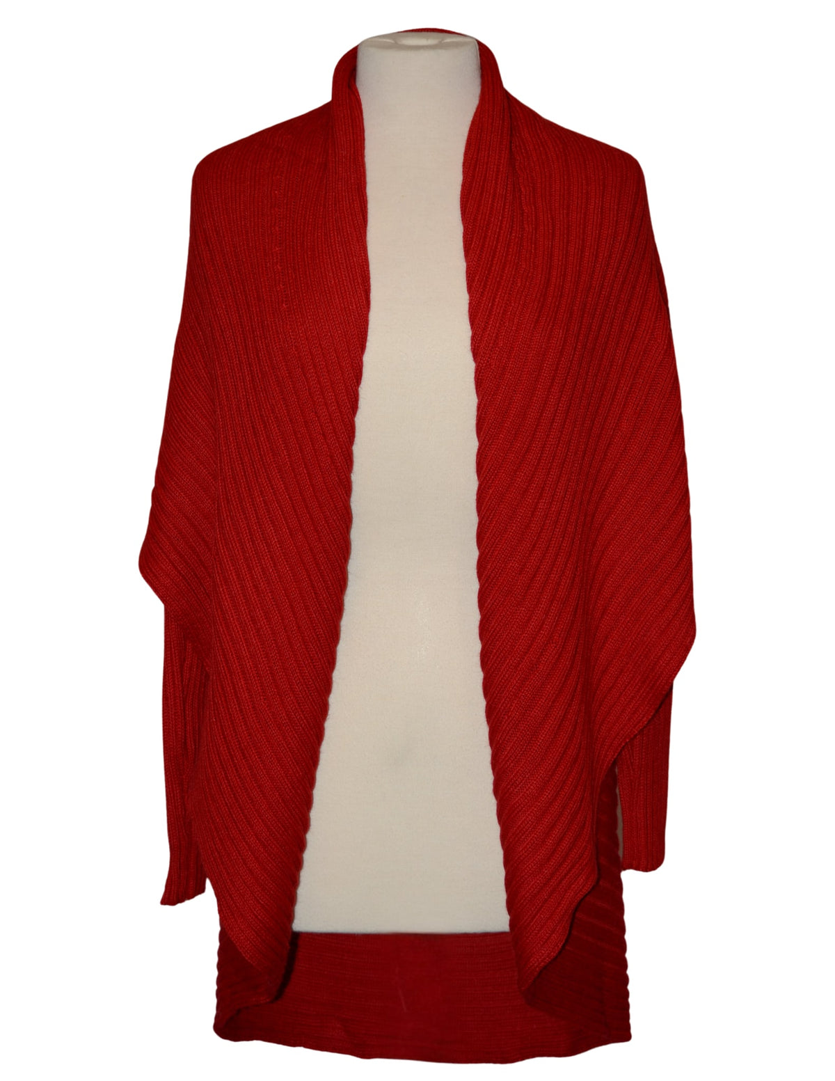 Red alpaca draped cardigan sweater on a dress form