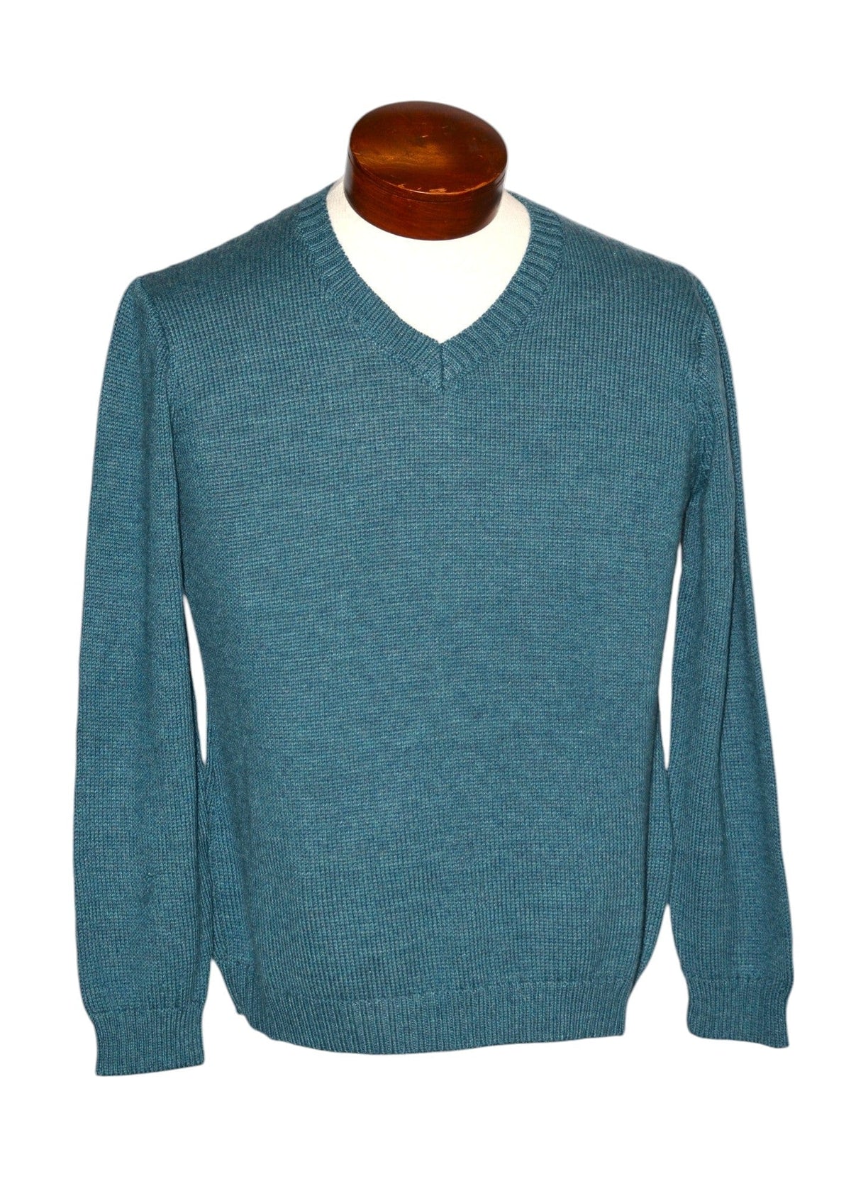 Men's teal alpaca V-neck sweater, front view