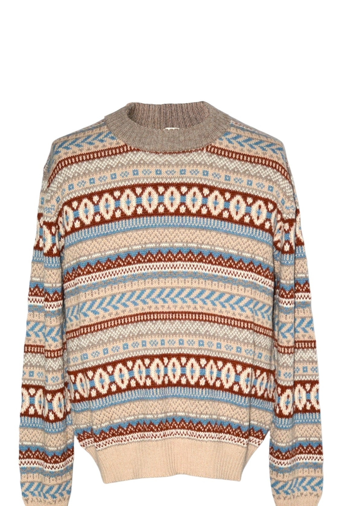 Scandinavian-pattern alpaca crewneck sweater in cream and rust, front