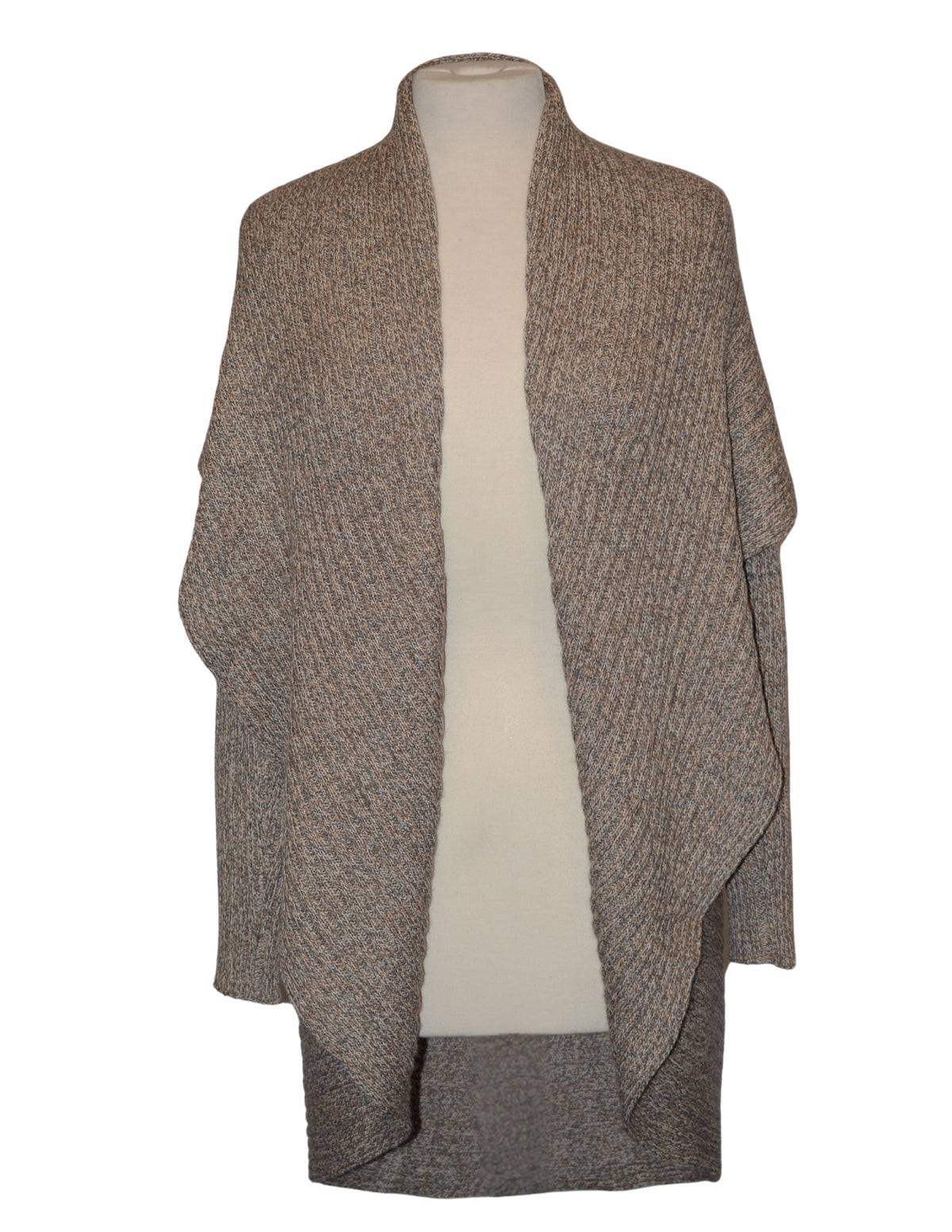 Tan melange alpaca draped cardigan sweater on a dress form