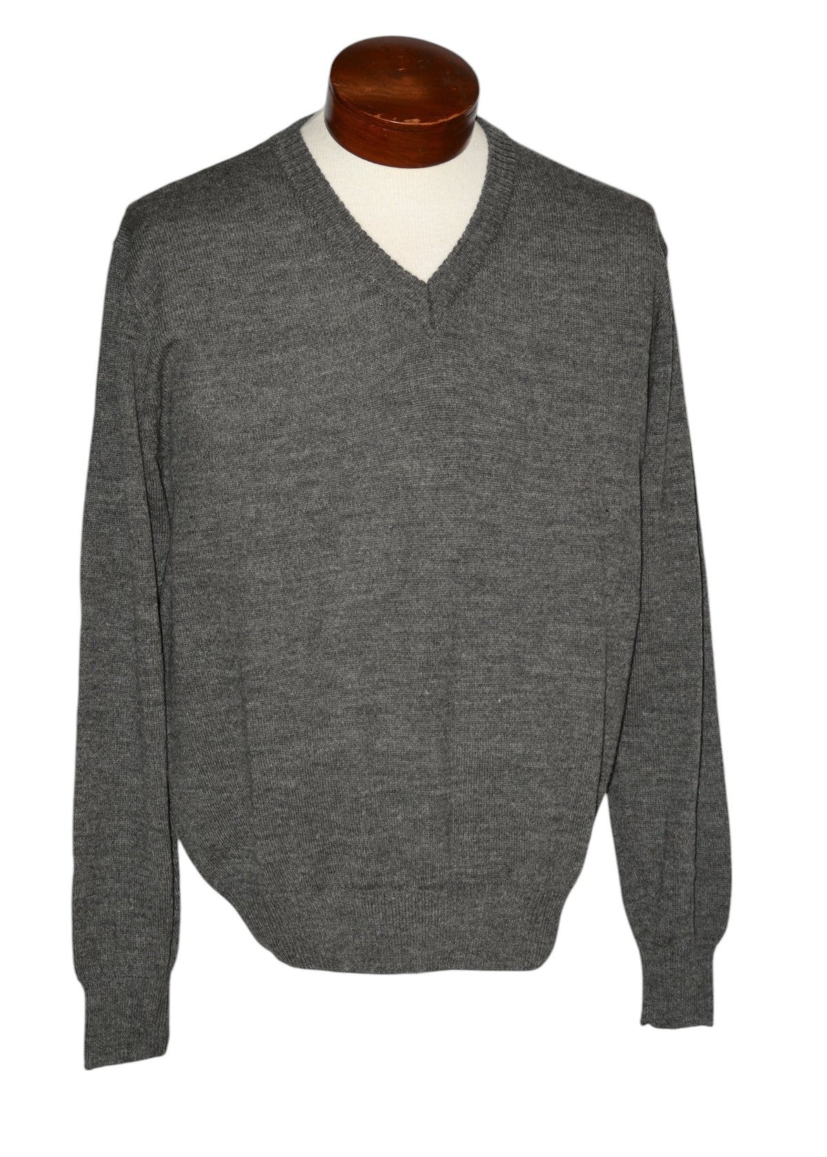Men's gray lightweight baby alpaca V-neck sweater, front view