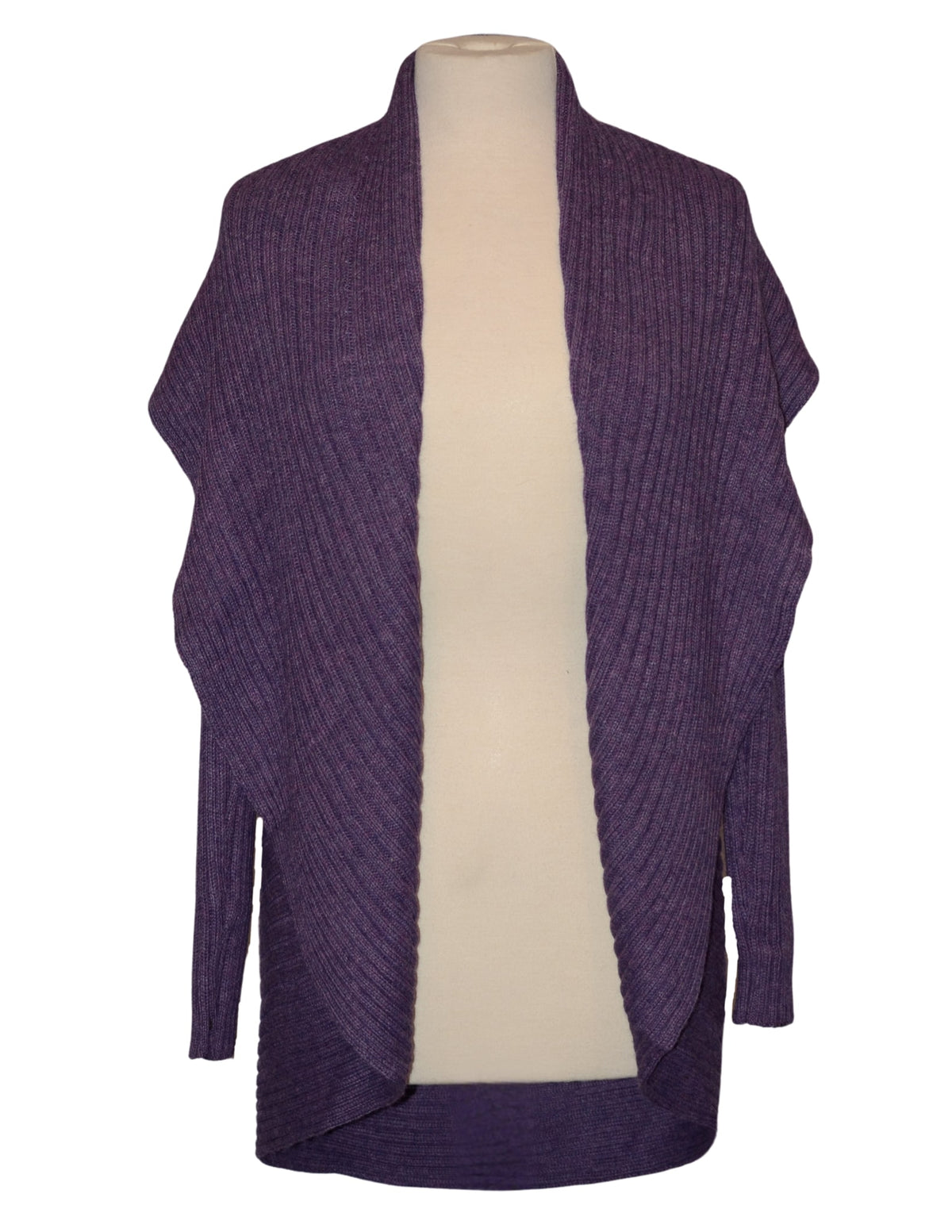 Violet alpaca draped cardigan sweater on a dress form