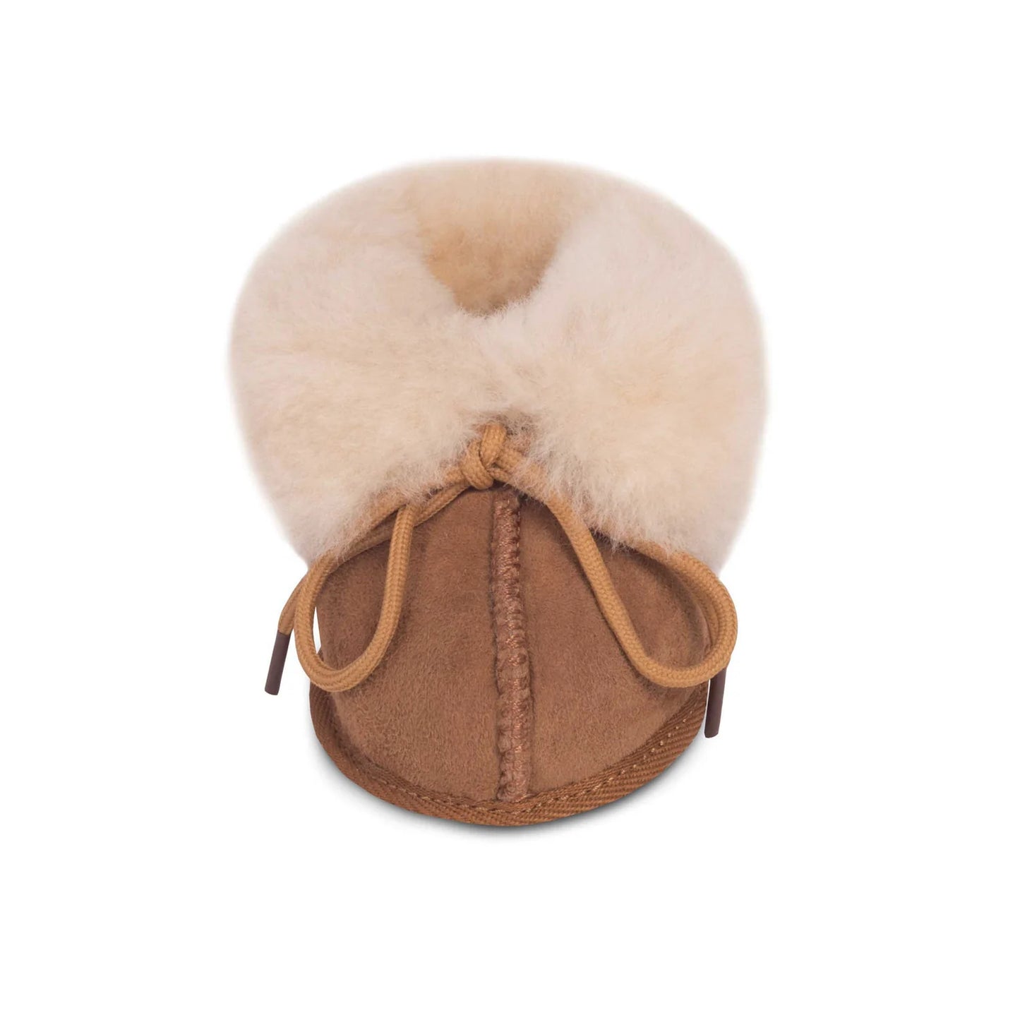 Chestnut sheepskin baby bootie with fleece cuff and lace tie, front