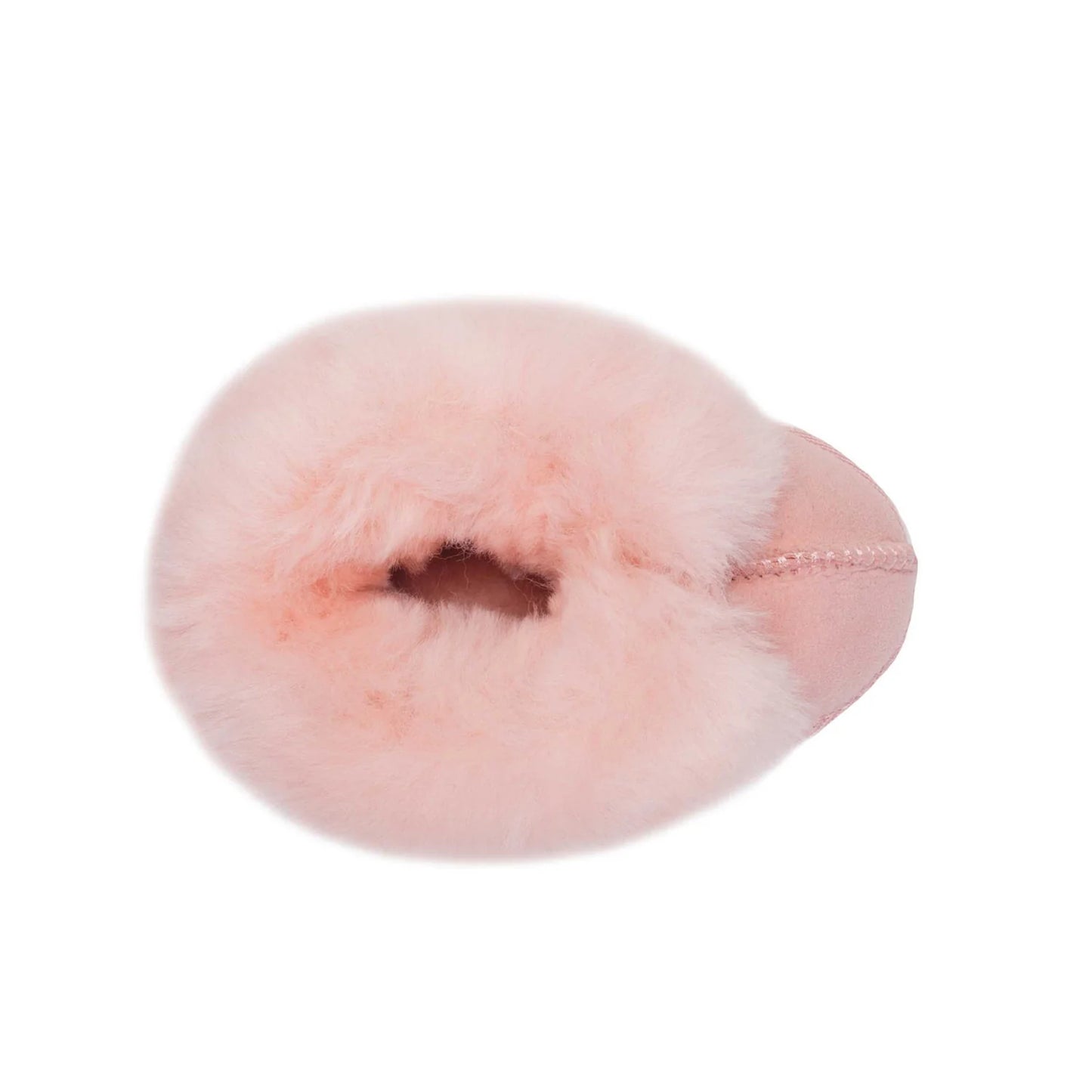 Pink sheepskin baby bootie showing fleece opening, top view