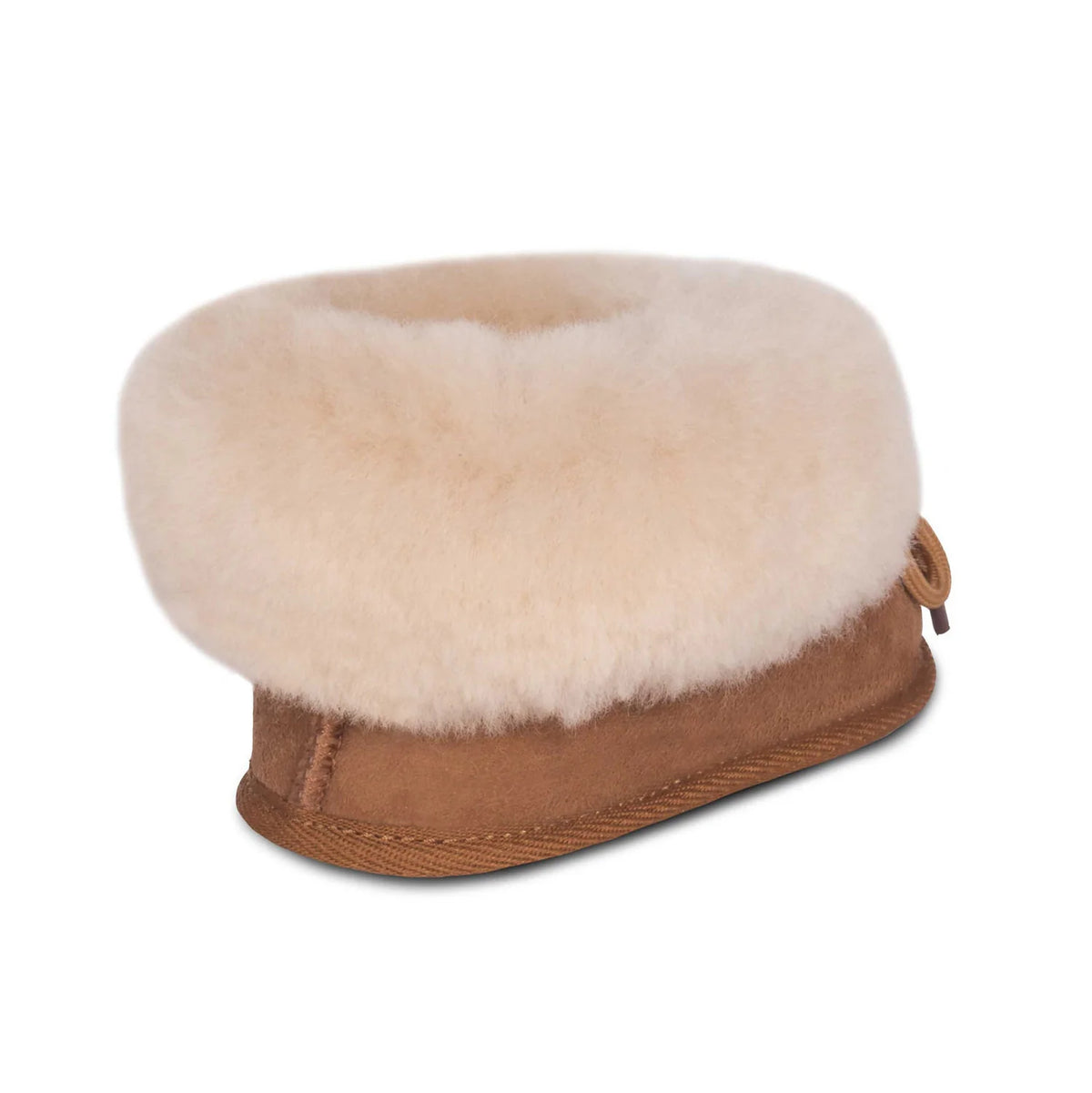 Chestnut sheepskin baby bootie with plush fleece cuff, angled view