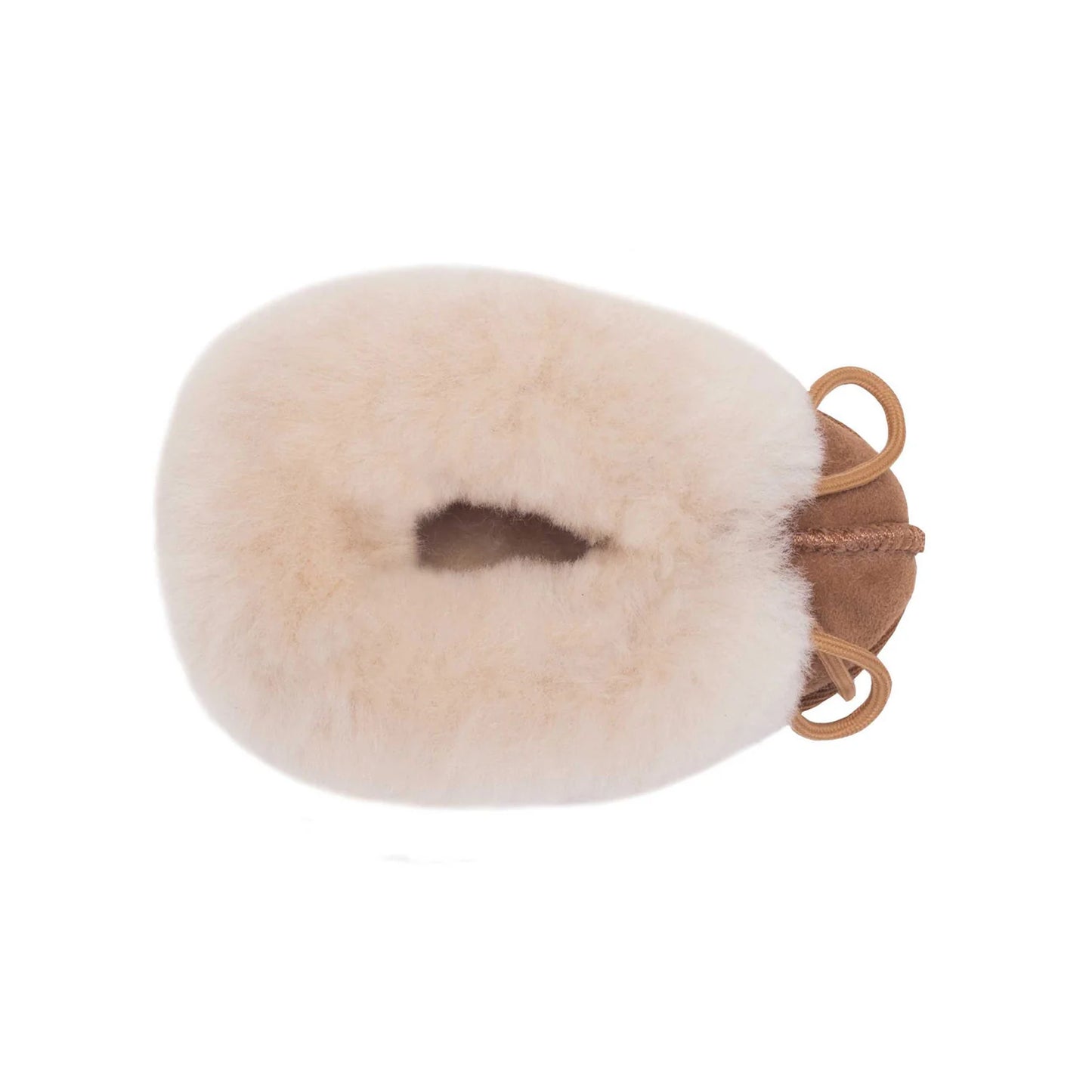 Chestnut sheepskin baby bootie showing fleece opening, top view