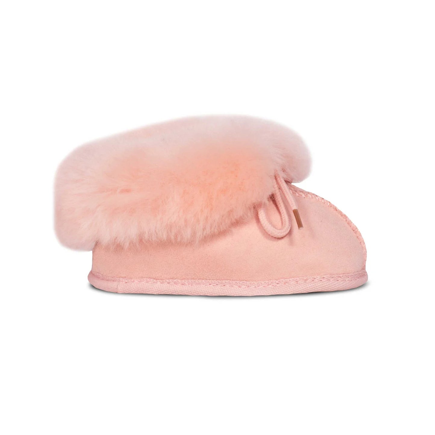 Pink sheepskin baby bootie with fleece cuff, side view