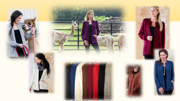 Collage of women wearing alpaca cardigan sweaters in several colors
