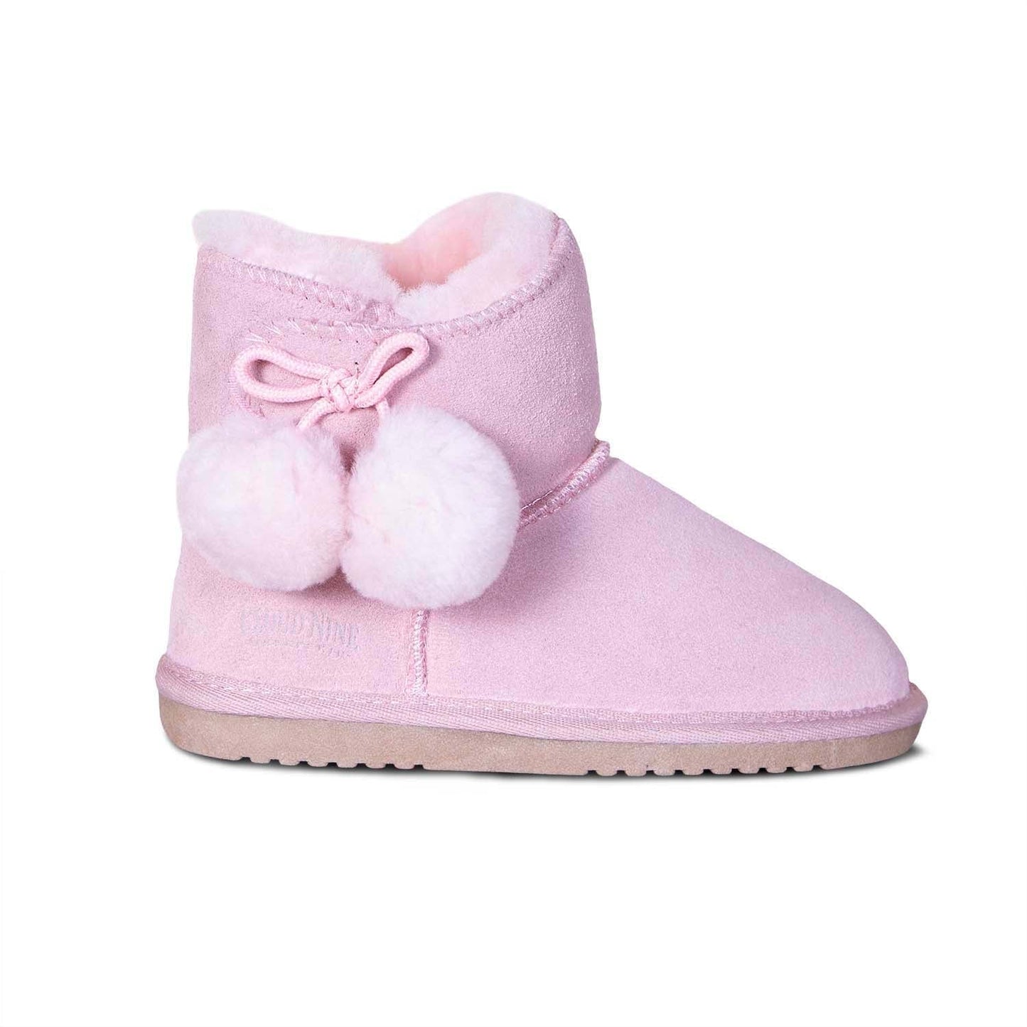 Kids' pink sheepskin boot with pom-pom ties, side view