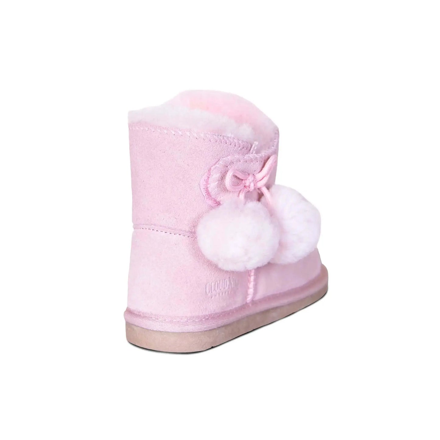 Kids' pink sheepskin pom-pom boot, back view