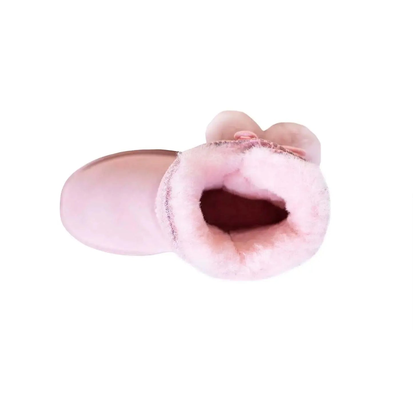 Kids' pink sheepskin pom-pom boot showing fleece lining, top view