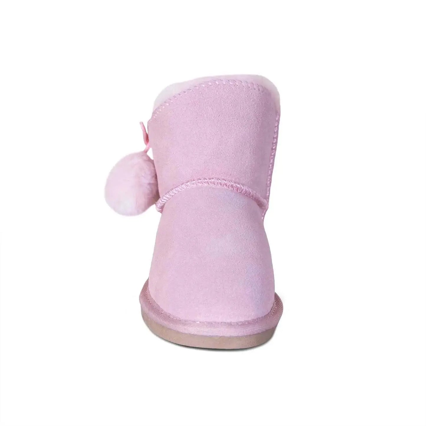 Kids' pink sheepskin pom-pom boot, front view