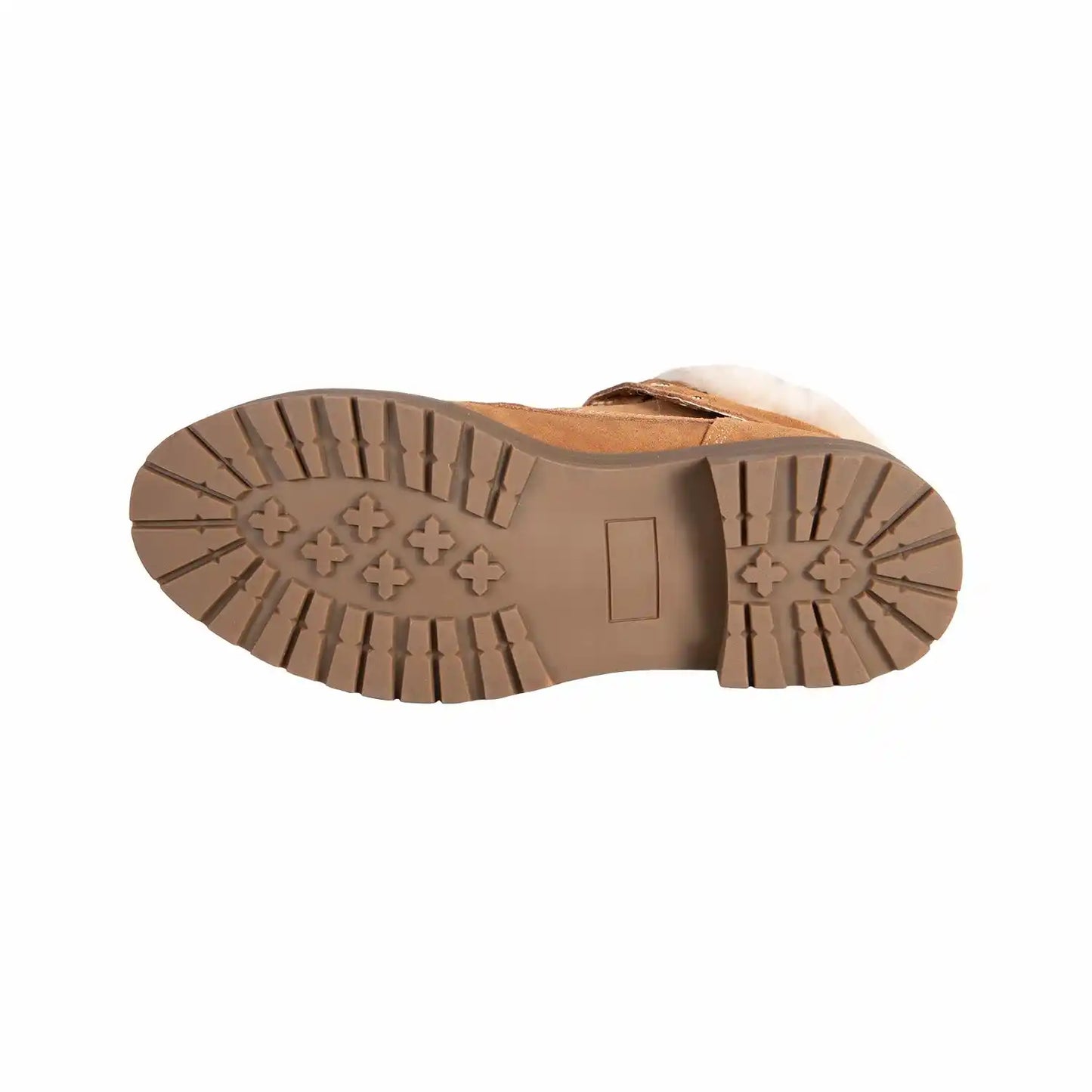 Tan winter boot with plaid lining and white fur on a white background