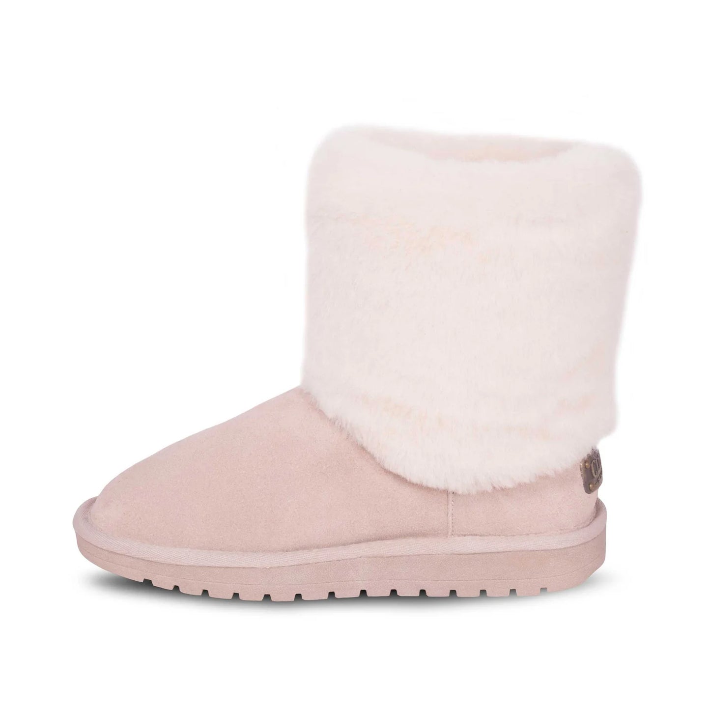 Women's sand sheepskin boot with tall fleece cuff, inner side view