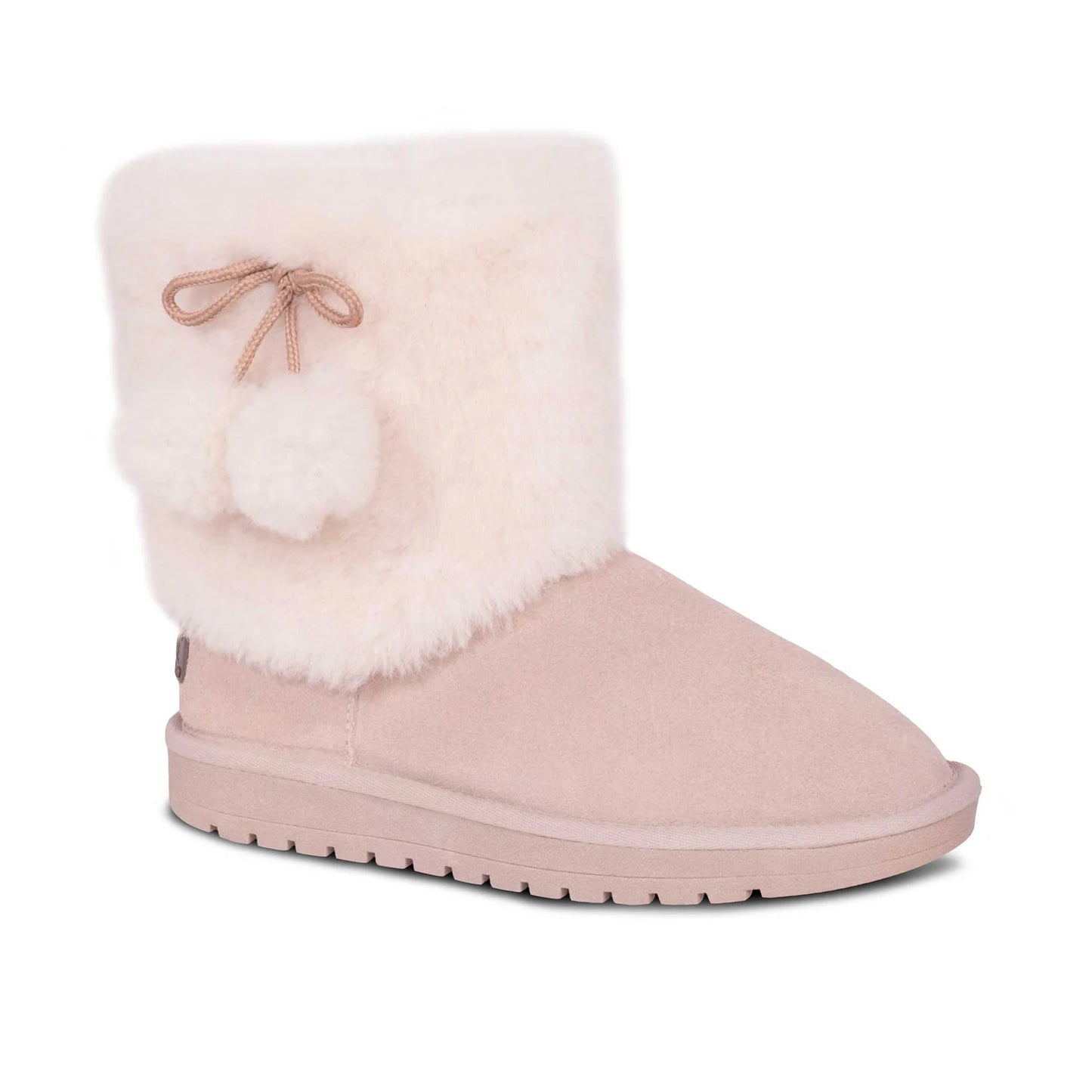 Women's sand sheepskin pom-pom boot with folded fleece cuff, side view