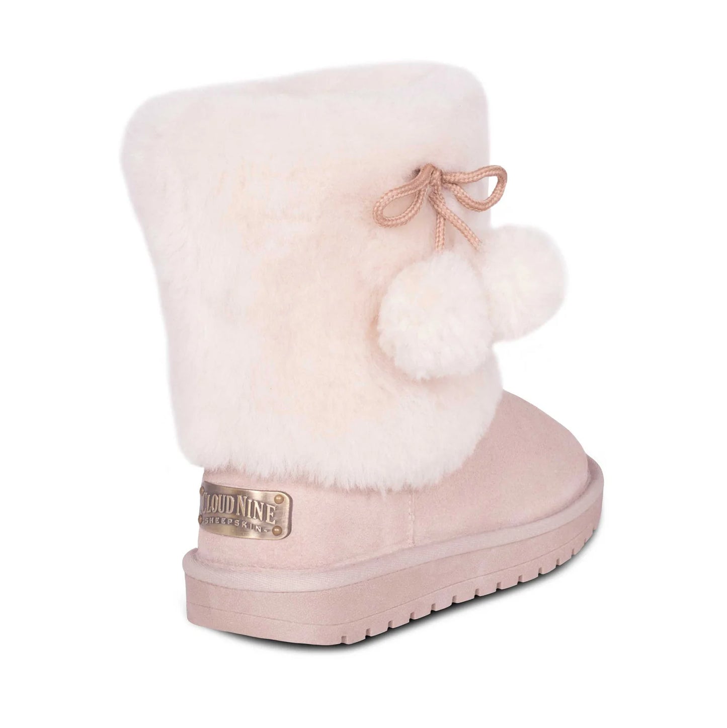Women's sand sheepskin pom-pom boot, back view