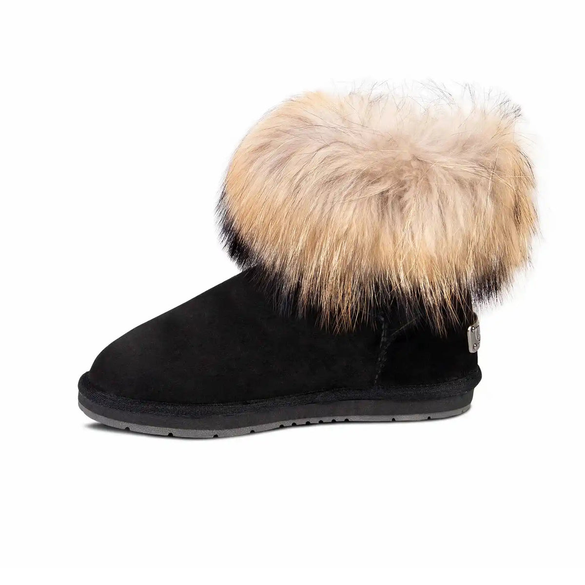 Black boot with a fur pom-pom on a white background
