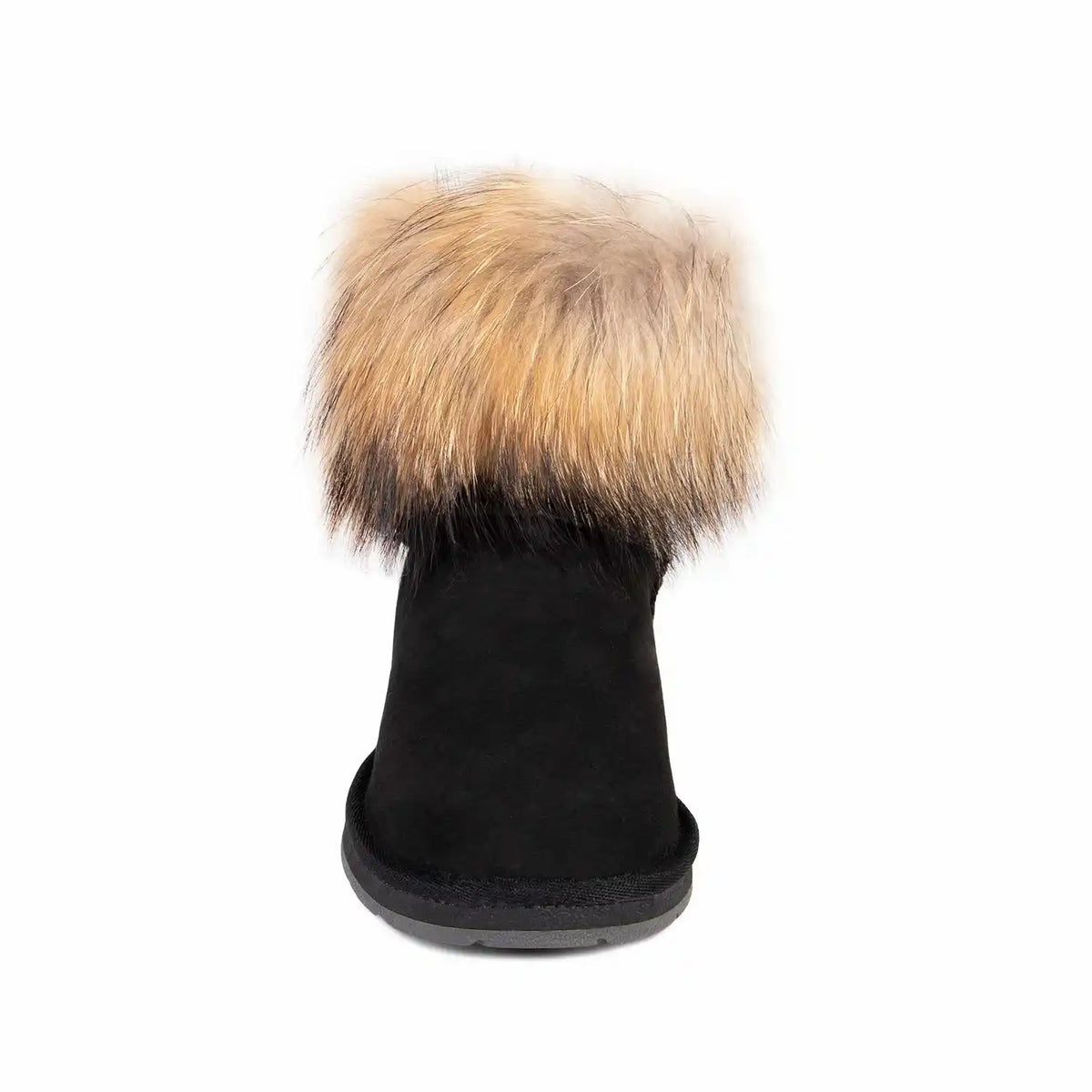 Black boot with a fur pom-pom on a white background